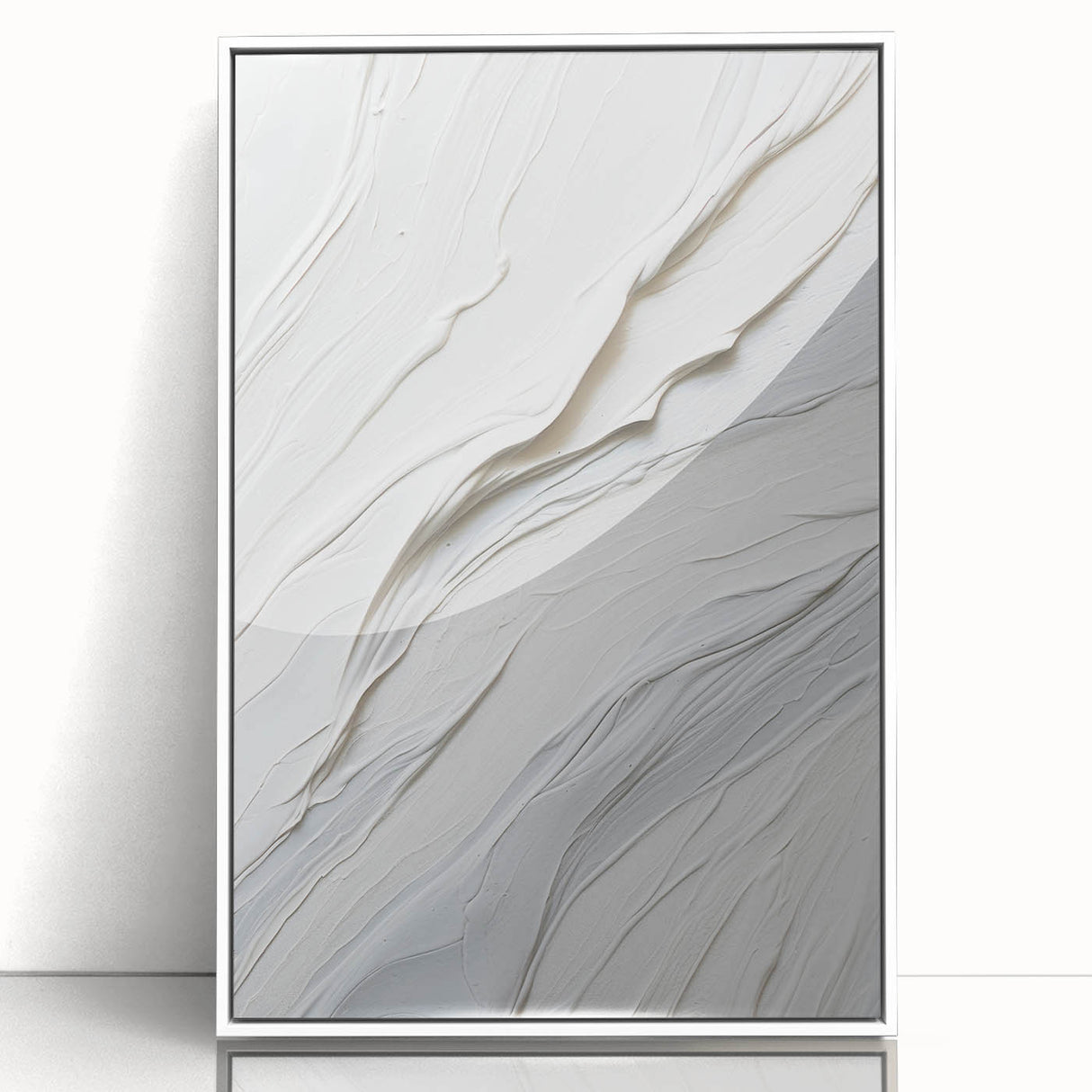 Framed modern abstract wall art in a sleek white frame, showcasing vibrant colors and geometric shapes, perfect for contemporary home decor.