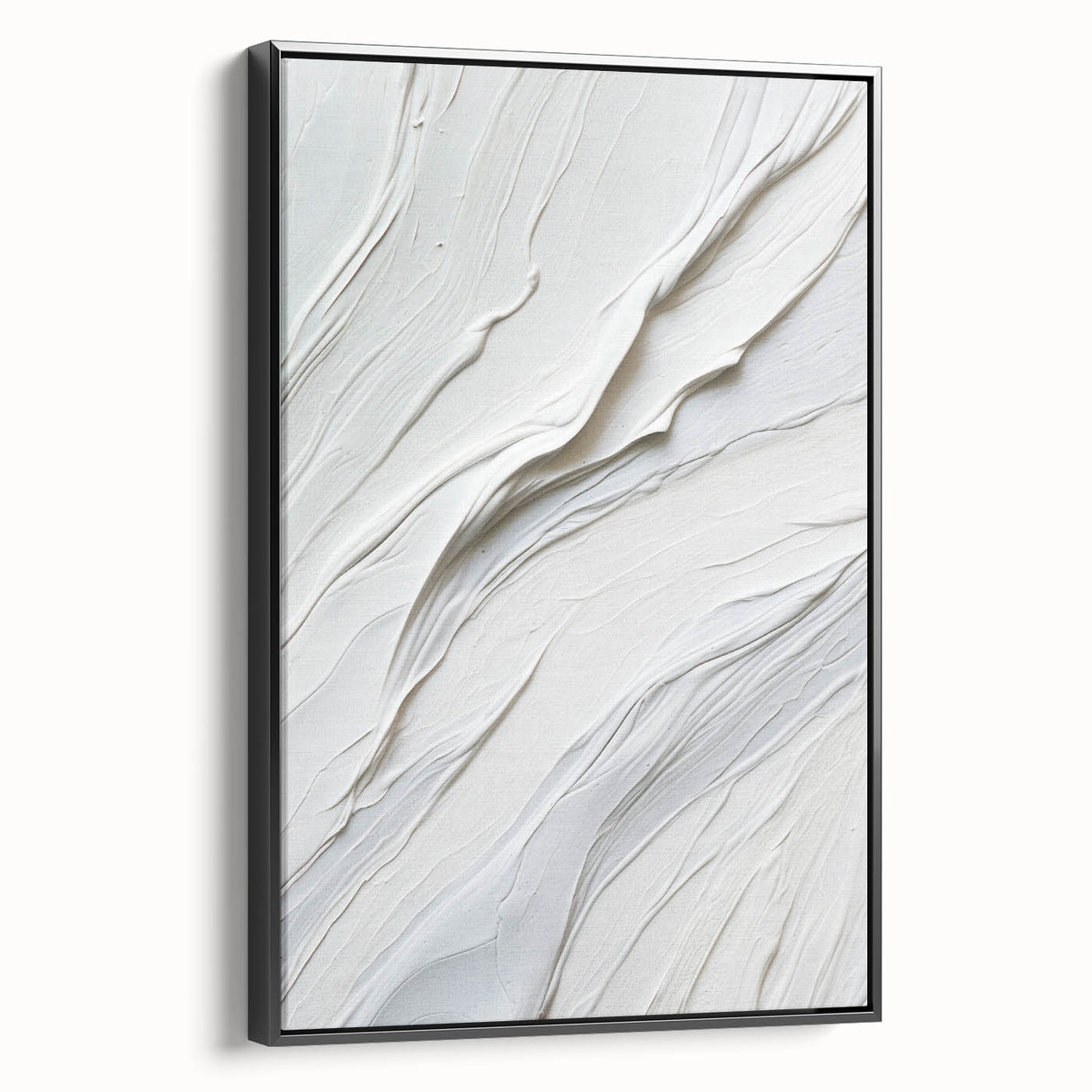 Framed canvas wall art showcasing an abstract modern design with intricate patterns in black and white, displayed at a slight angle to highlight depth and texture. Perfect for contemporary home decor.