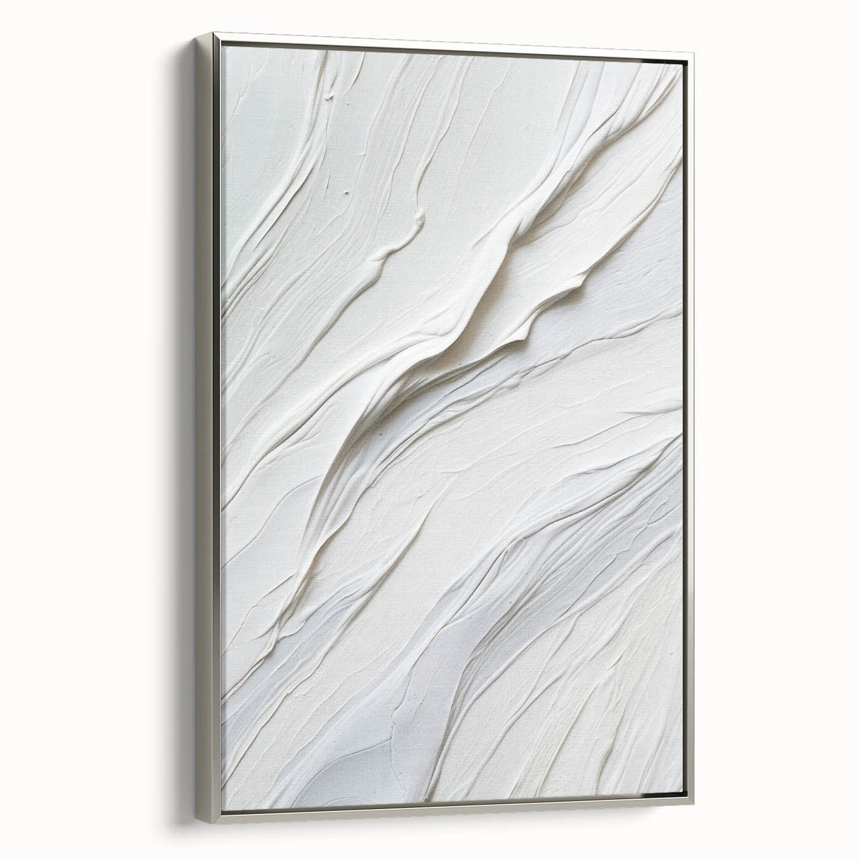 Framed abstract modern wall art collection showcasing a sleek silver border, ideal for contemporary decor, displayed from a side view against a neutral background.