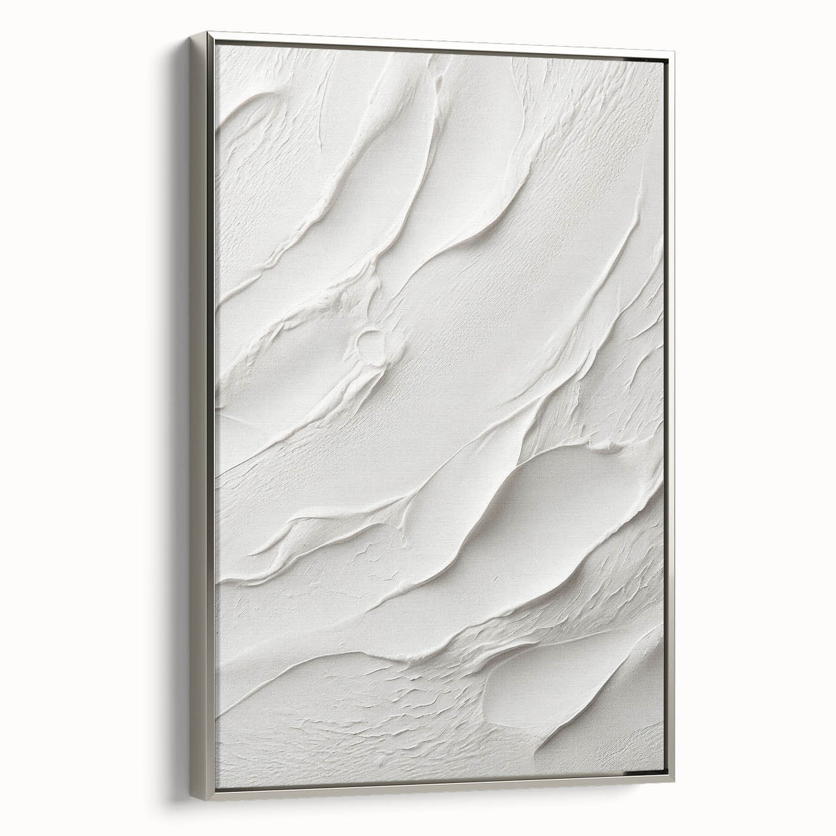 Framed abstract modern wall art in a sleek silver frame, showcasing vibrant colors and dynamic shapes, perfect for contemporary home decor accents.