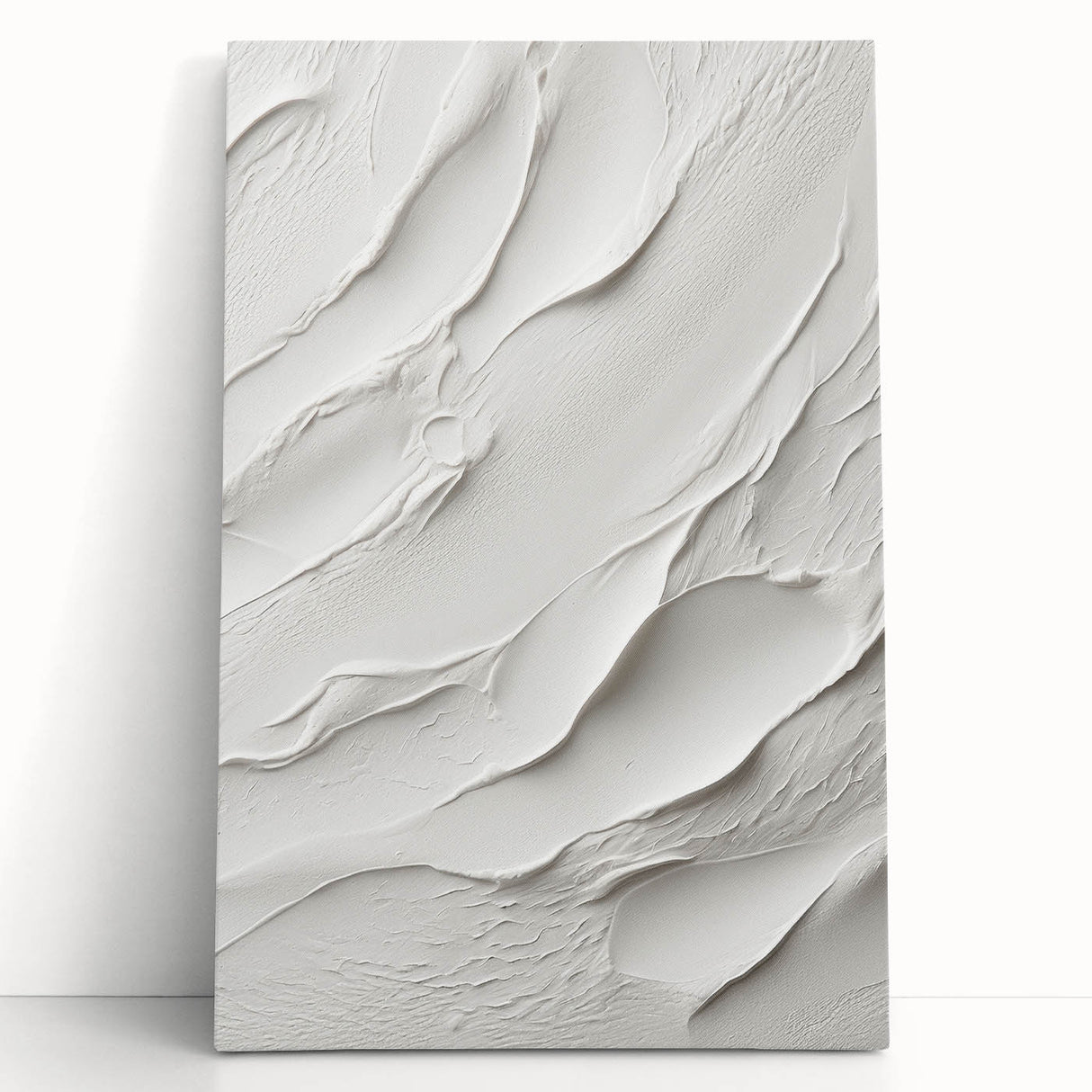 Abstract modern wall art featuring vibrant geometric shapes in bold colors, stretched on canvas and leaning against a neutral wall, perfect for contemporary decor.