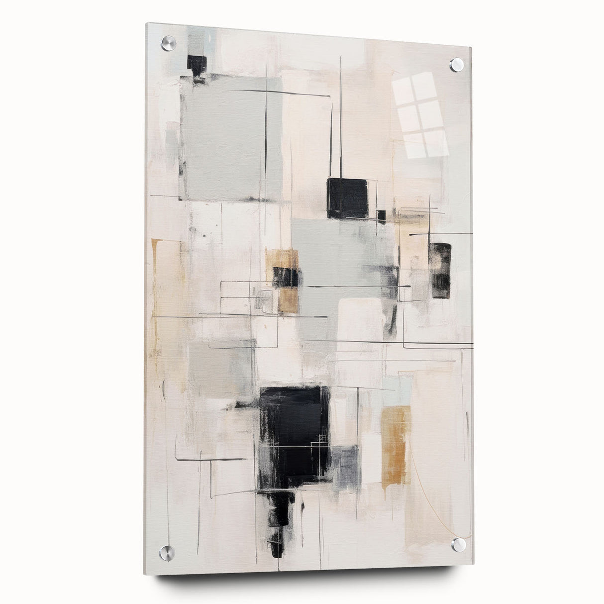 Abstract modern wall art collection showcasing a sleek acrylic glass design in side view, accented with decorative pins, ideal for contemporary home decor.