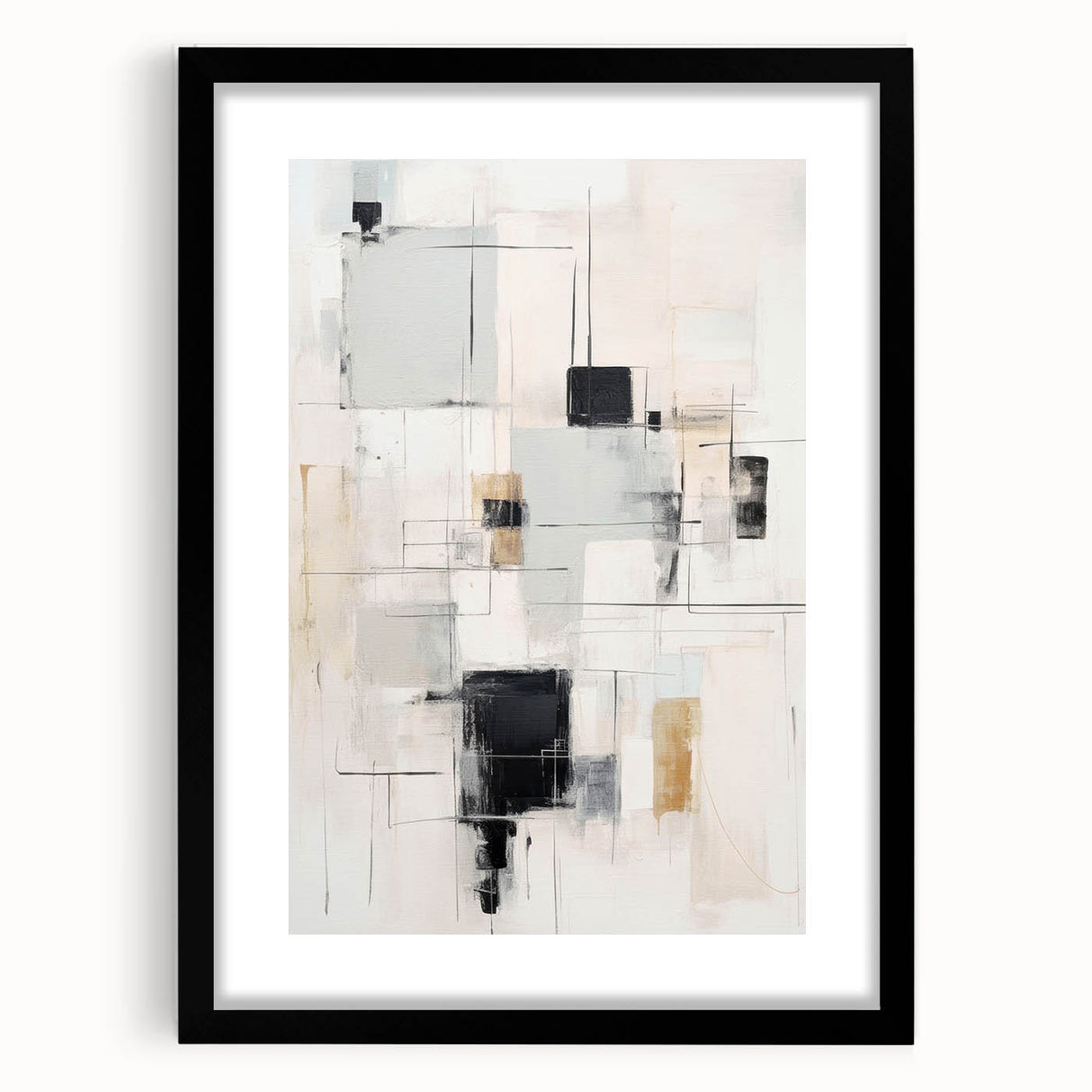 Abstract modern wall art collection in a sleek black frame, showcasing a vibrant geometric design against a white background, ideal for contemporary home decor.