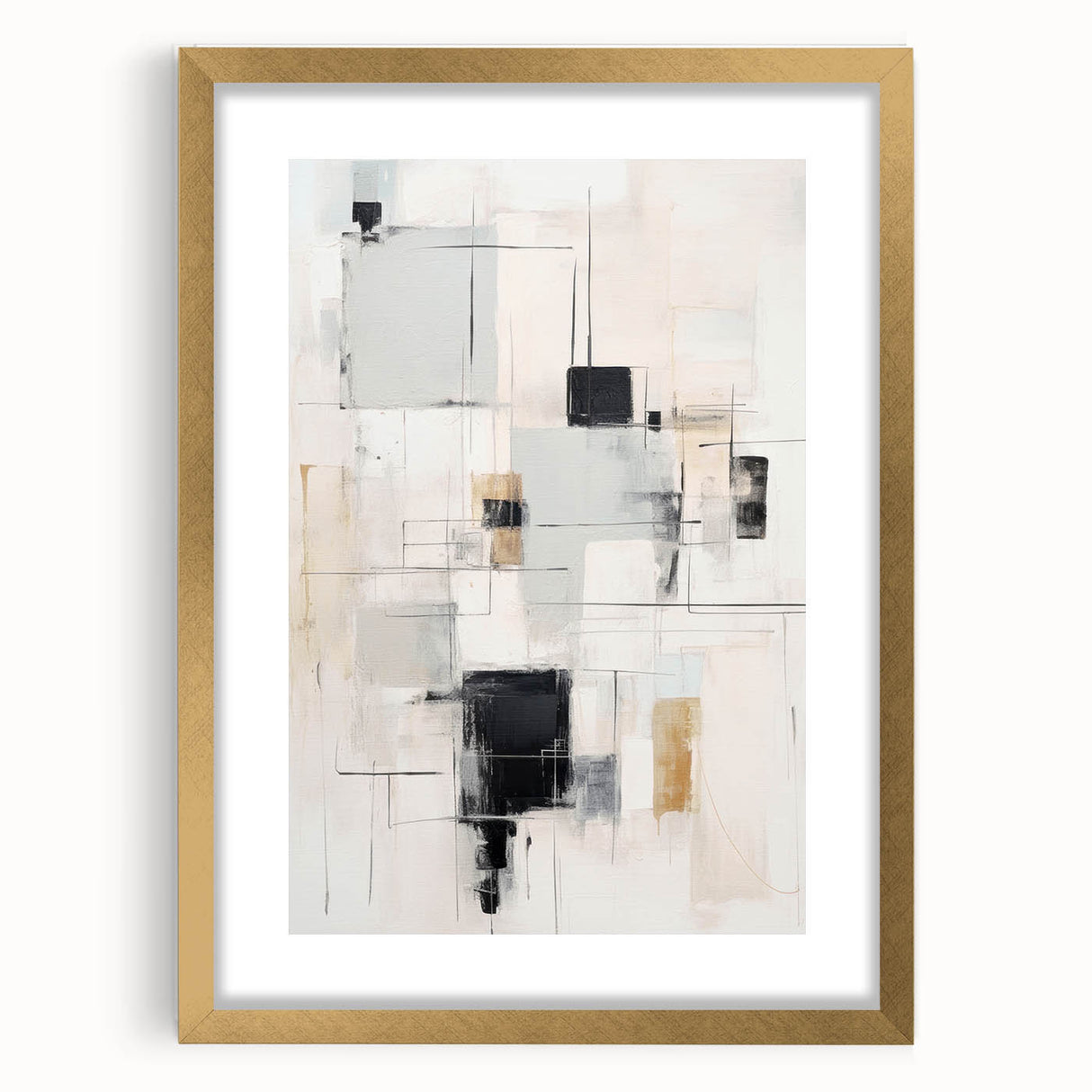 Abstract modern wall art collection featuring a framed gold mat design, showcasing vibrant colors and geometric patterns, perfect for contemporary home decor.