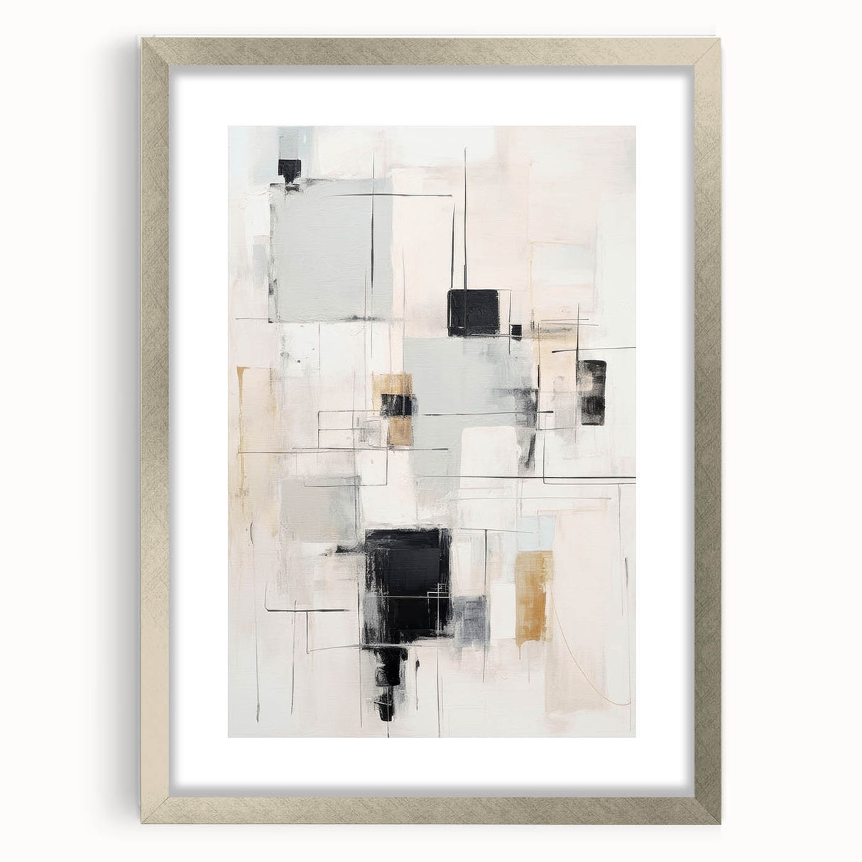 Abstract modern wall art collection showcasing a framed piece with a silver mat, featuring vibrant geometric shapes and colors, perfect for contemporary decor.