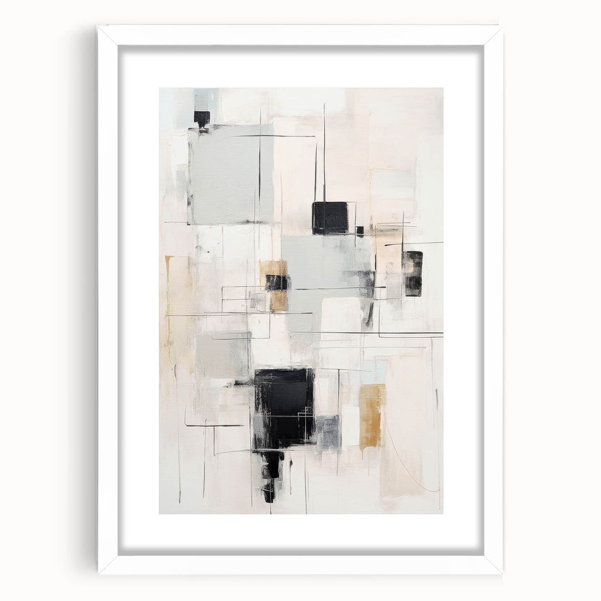 Abstract modern wall art collection featuring a white frame with matting, showcasing vibrant geometric patterns and colors, ideal for contemporary home decor.