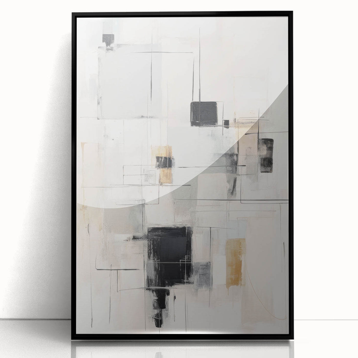 Framed acrylic wall art featuring an abstract modern design with bold colors and geometric shapes, set against a sleek black frame, ideal for contemporary decor.