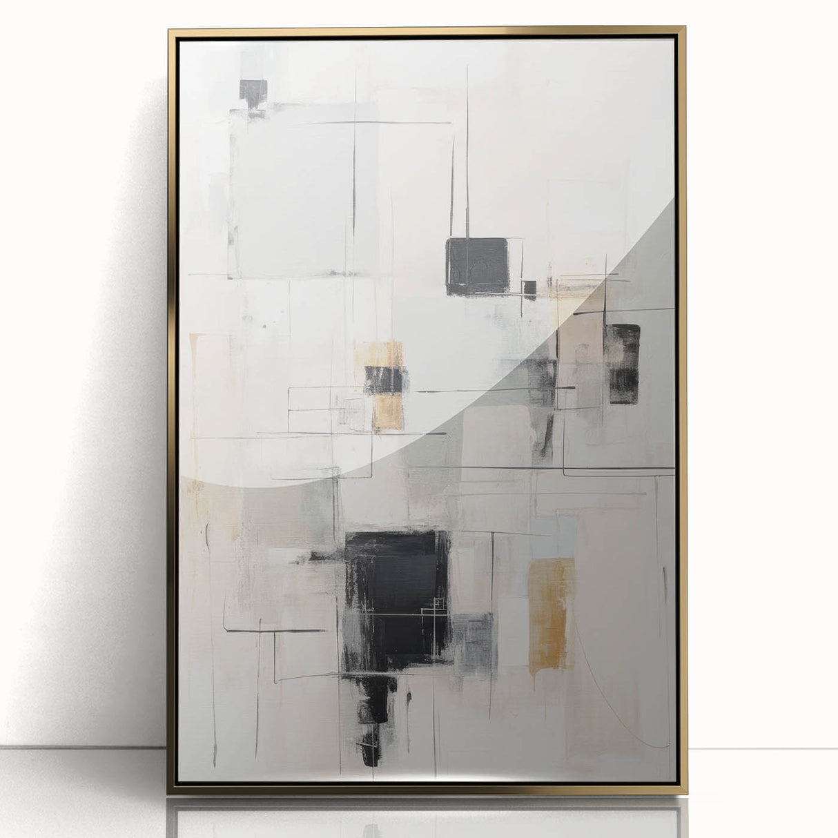 Framed abstract modern wall art featuring a gold acrylic design with intricate patterns, set against a white background, perfect for contemporary interiors.