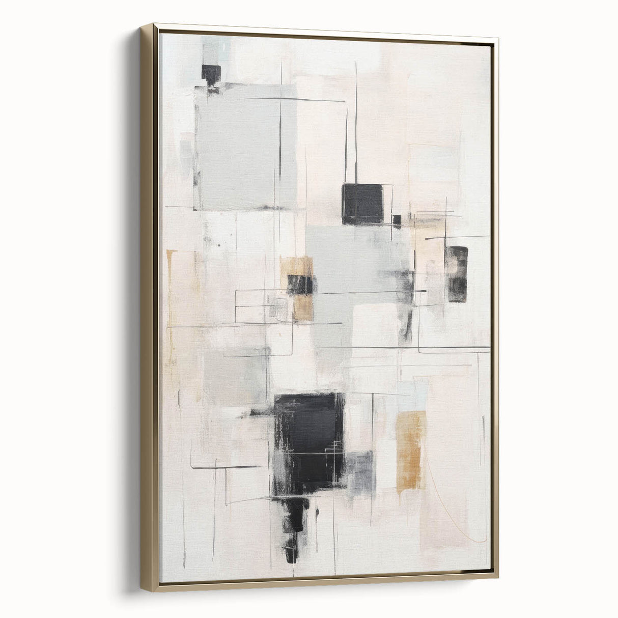 Framed abstract modern wall art collection featuring gold accents, displayed in a stylish setting, perfect for enhancing contemporary home decor.