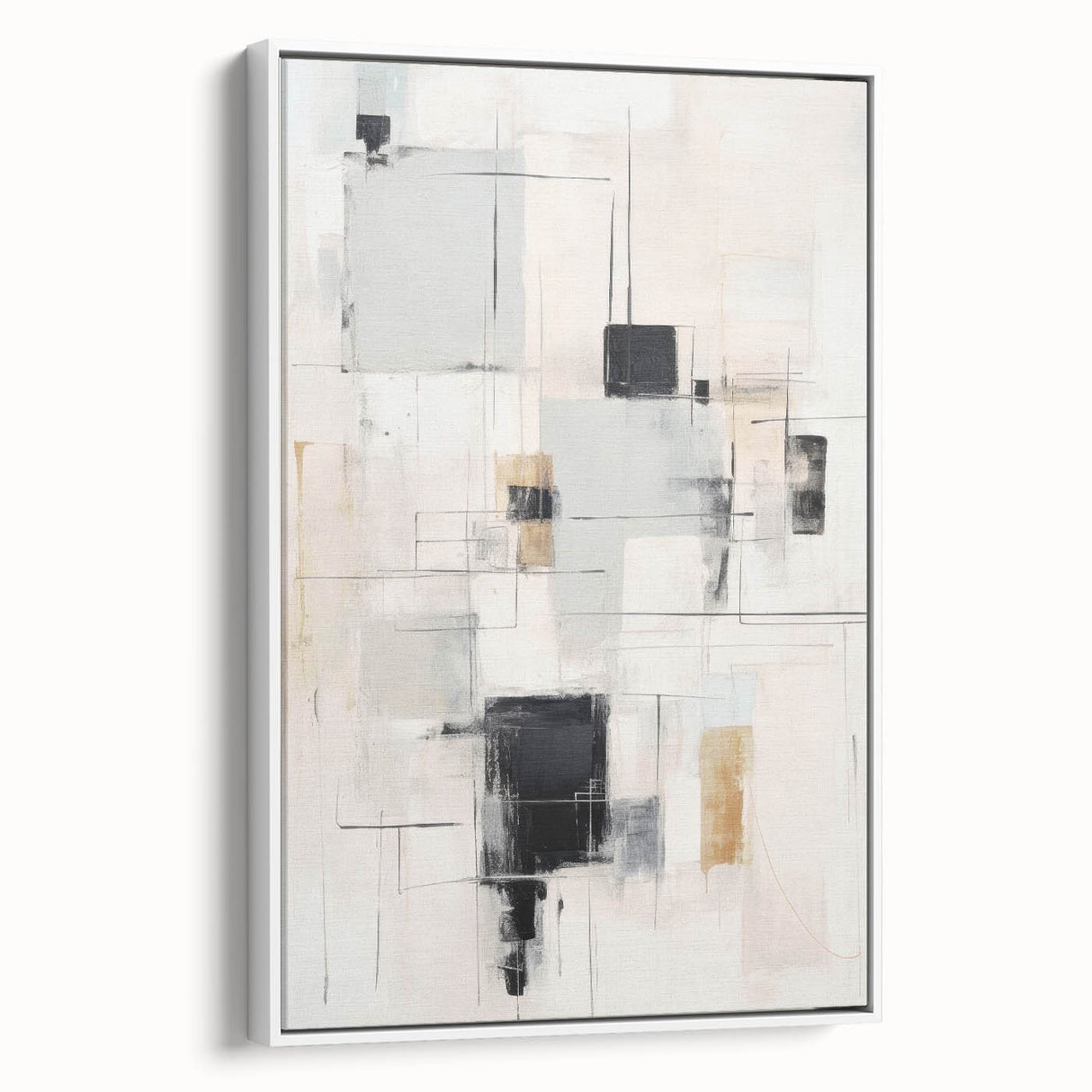 Framed canvas wall art featuring an abstract modern design in elegant white tones, showcasing a side view of the art piece, perfect for contemporary decor.