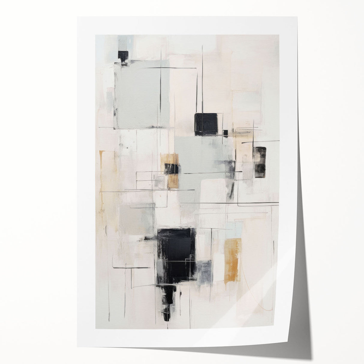 Abstract modern design wall art print showcasing vibrant colors and geometric shapes, rolled for easy shipping and display, ideal for contemporary home decor.