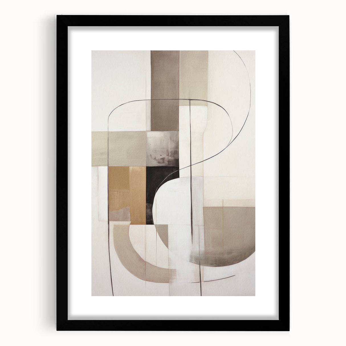 Abstract modern wall art piece showcasing a sleek black frame with a mat, featuring vibrant geometric designs, ideal for contemporary home decor.