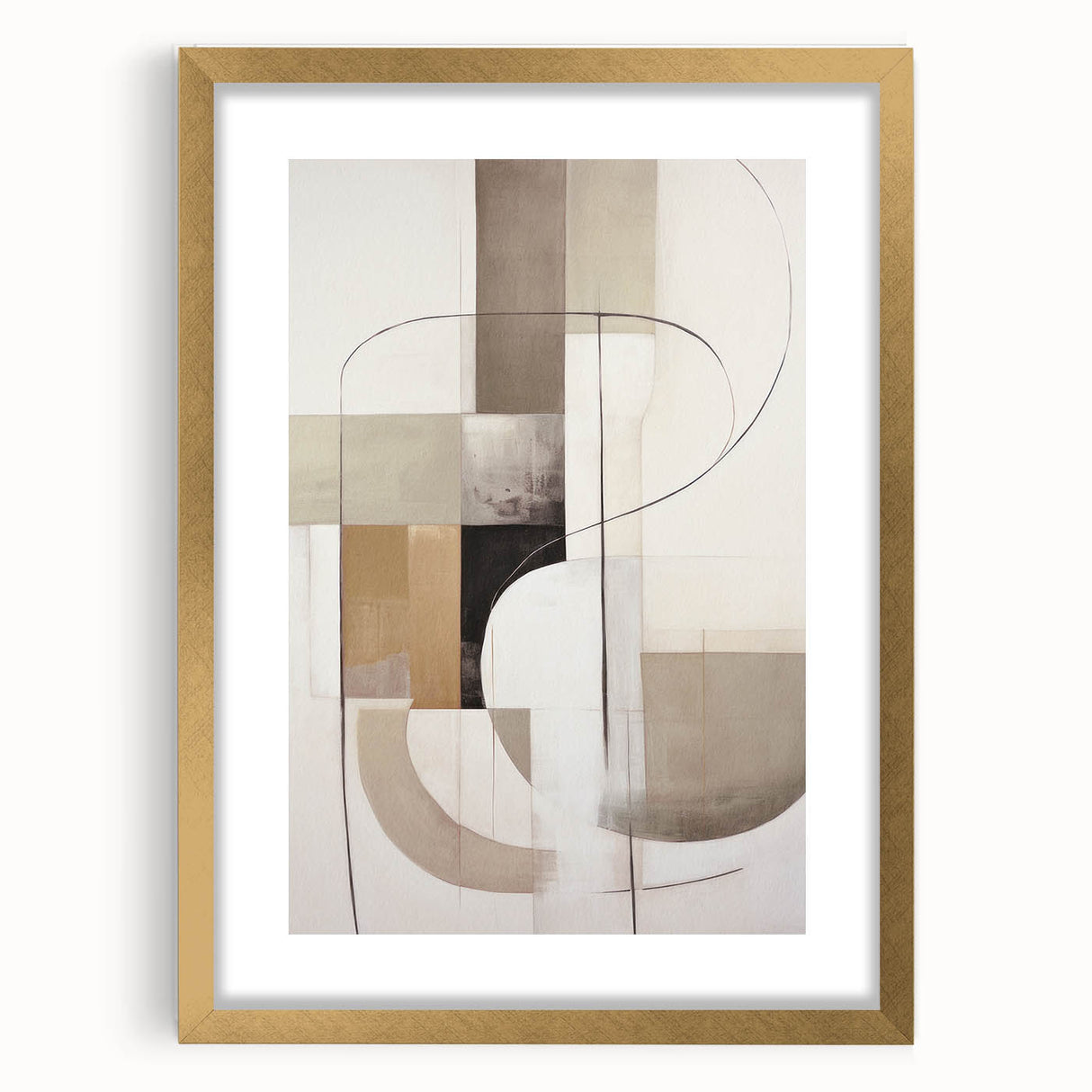 Abstract modern wall art featuring a gold-framed collection with a mat, showcasing vibrant colors and geometric designs, perfect for contemporary decor.