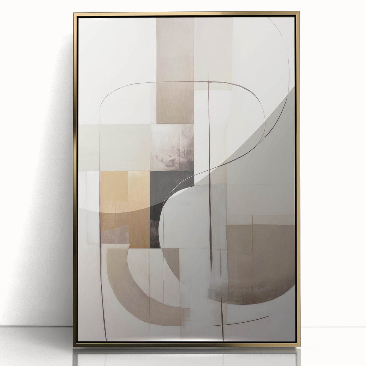 Framed abstract modern wall art featuring a gold-accented design, showcasing a contemporary aesthetic suitable for stylish home decor. The artwork is displayed in a sleek frame, enhancing its elegant appearance and making it a striking focal point for any room.