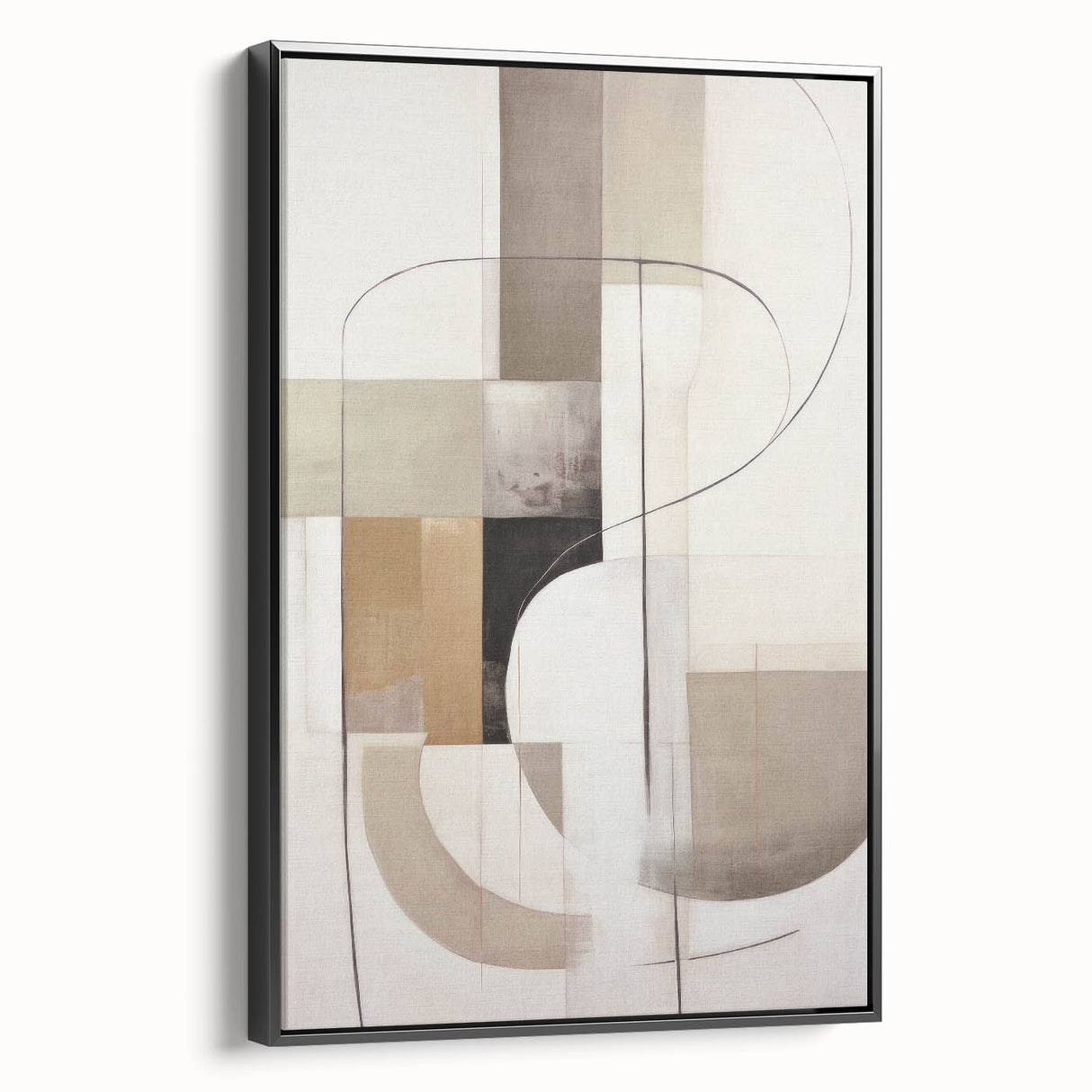 Framed abstract modern wall art featuring a black design with geometric shapes, displayed from a side view, ideal for contemporary home decor.