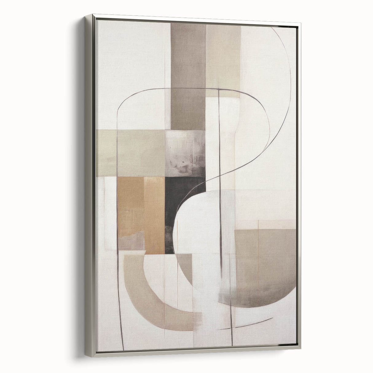 Framed wall art showcasing an abstract modern design in silver tones, featuring a sleek side view of the canvas, ideal for contemporary home decor.