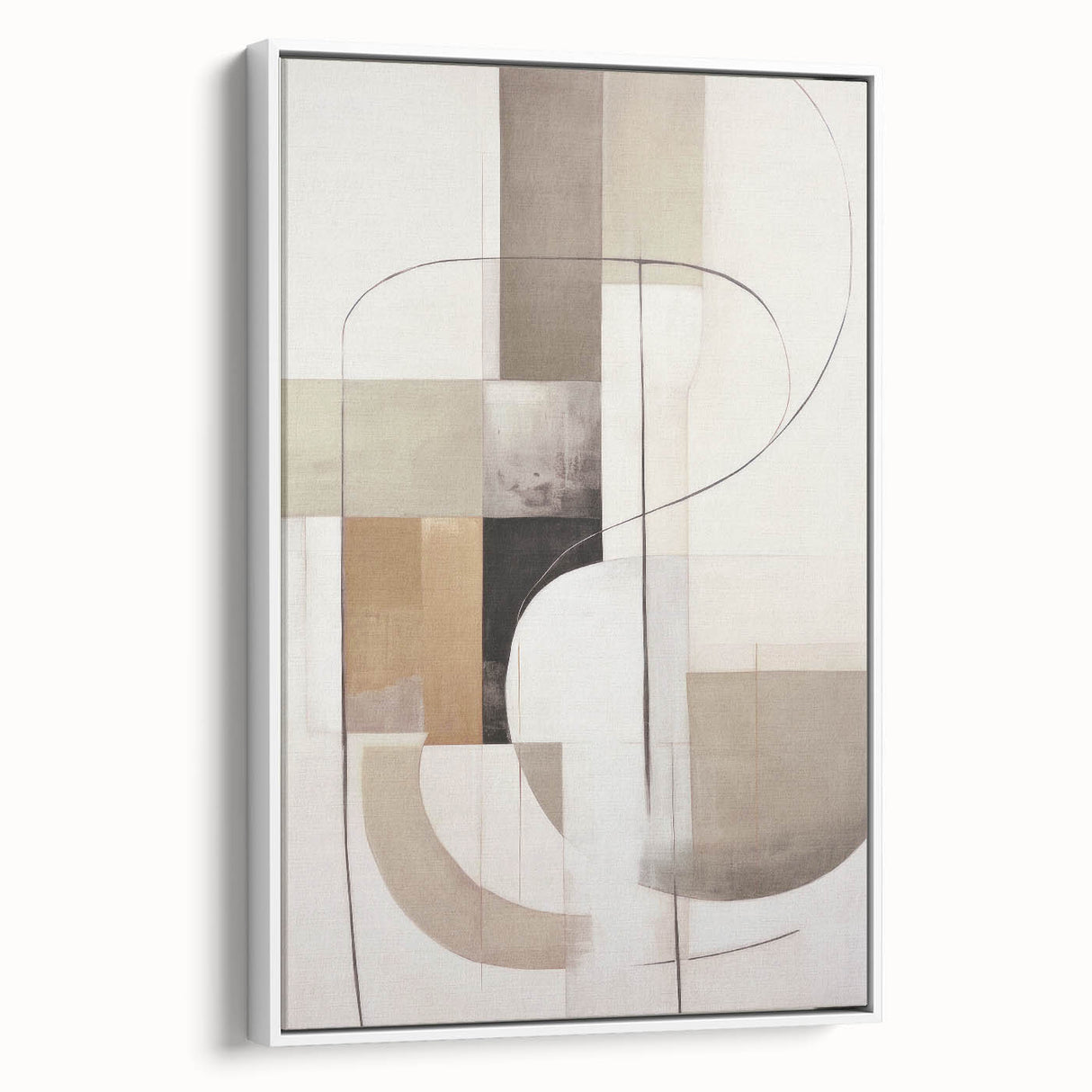 Framed abstract modern wall art featuring a vibrant design with geometric shapes in shades of blue, yellow, and gray, displayed from a white side view.