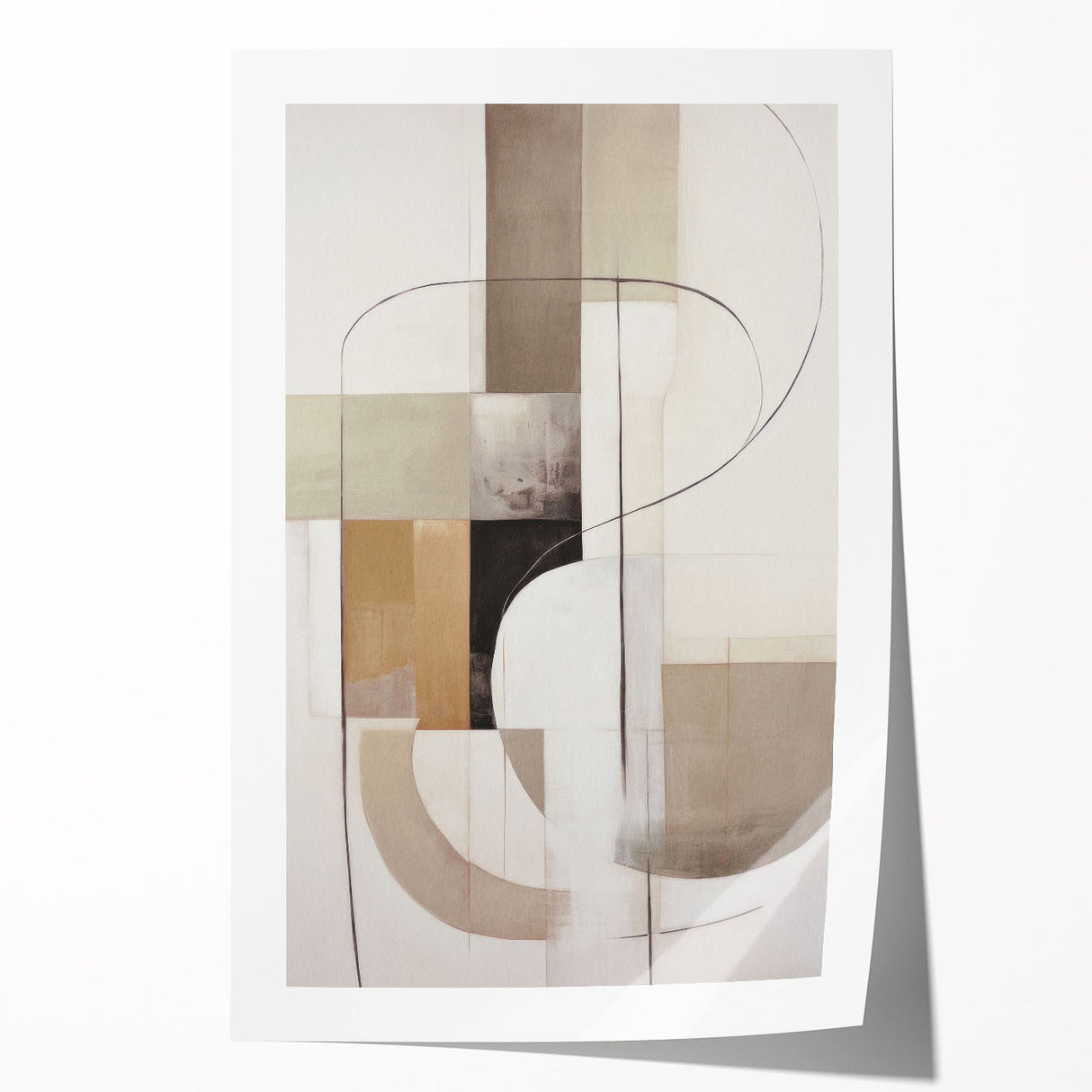 Abstract modern wall art showcasing vibrant geometric shapes in shades of blue, orange, and yellow, rolled and ready for framing, perfect for contemporary decor.