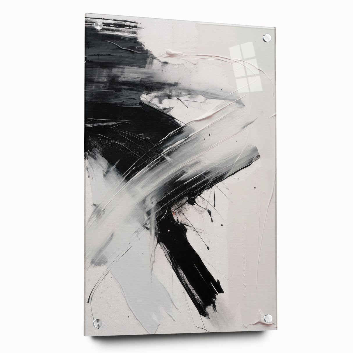 Abstract modern wall art collection showcasing a vibrant acrylic glass piece with intricate designs, displayed in a side view with mounting pins, ideal for contemporary decor.
