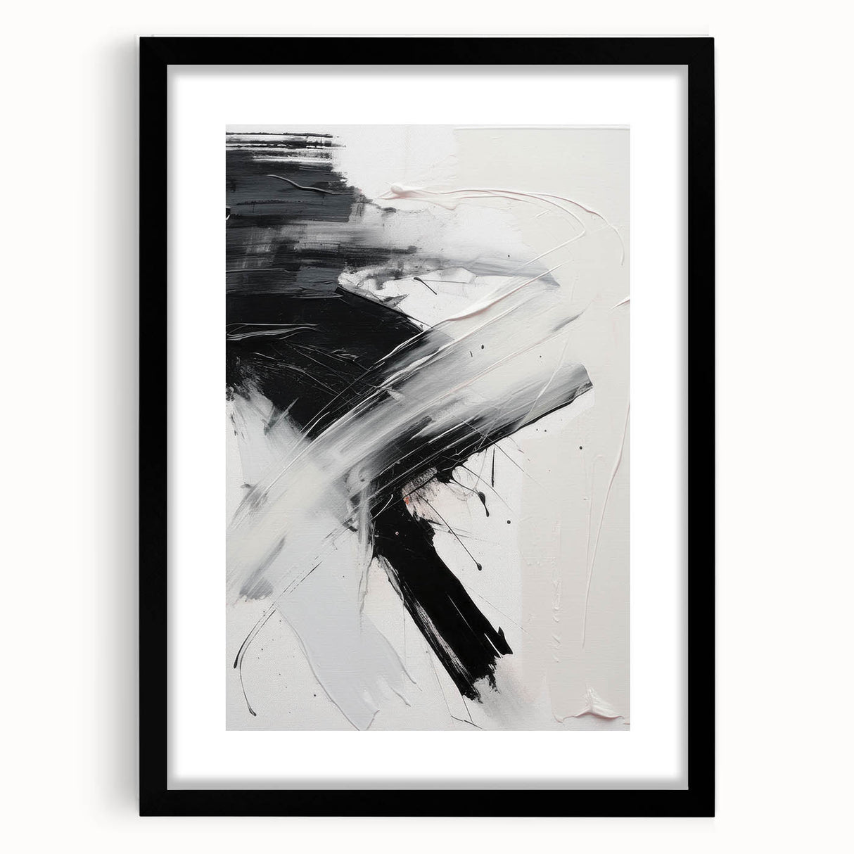 Abstract modern wall art collection showcasing a black framed piece with a mat, ideal for contemporary home decor. The design features geometric shapes and muted colors, enhancing any living space with its artistic flair. Perfect for art enthusiasts looking to elevate their interior aesthetics.