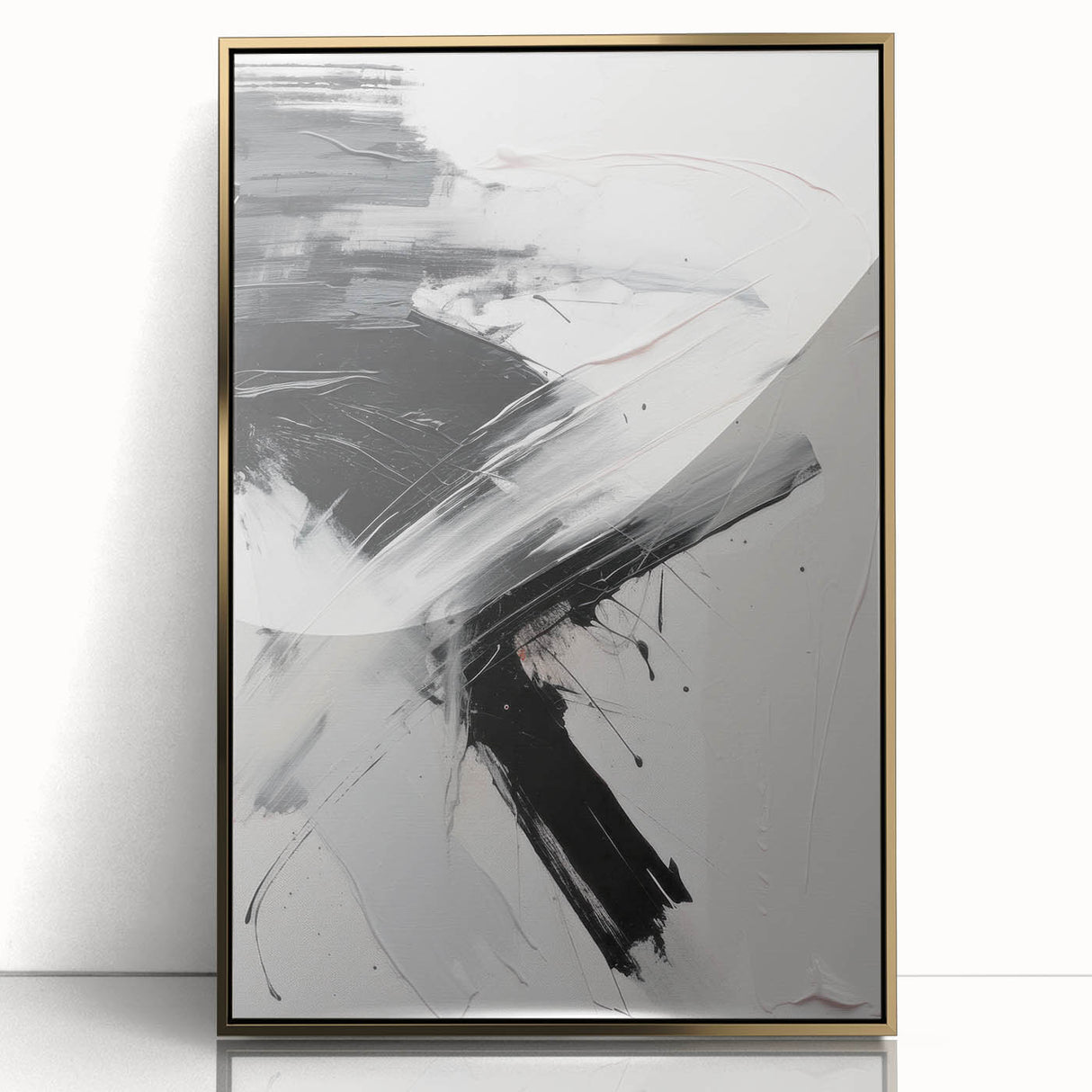 Framed wall art featuring an abstract modern design with gold accents, showcasing a sleek acrylic finish against a neutral background, perfect for contemporary decor.