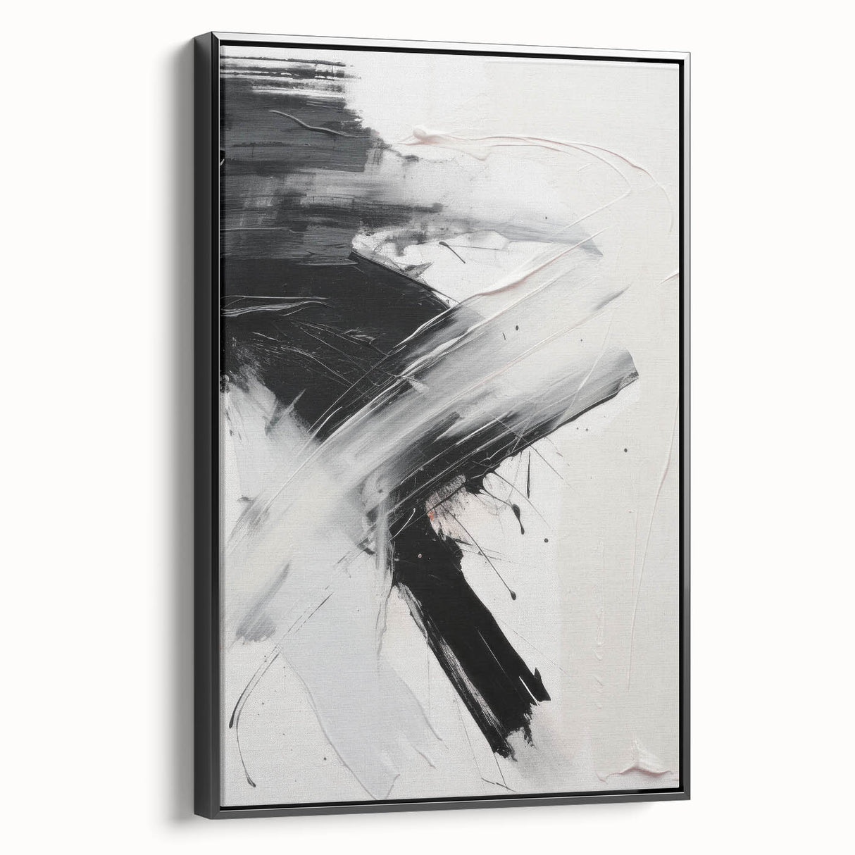 Framed abstract modern wall art collection showcasing a black design with sleek lines, displayed from a side view, perfect for contemporary home decor.