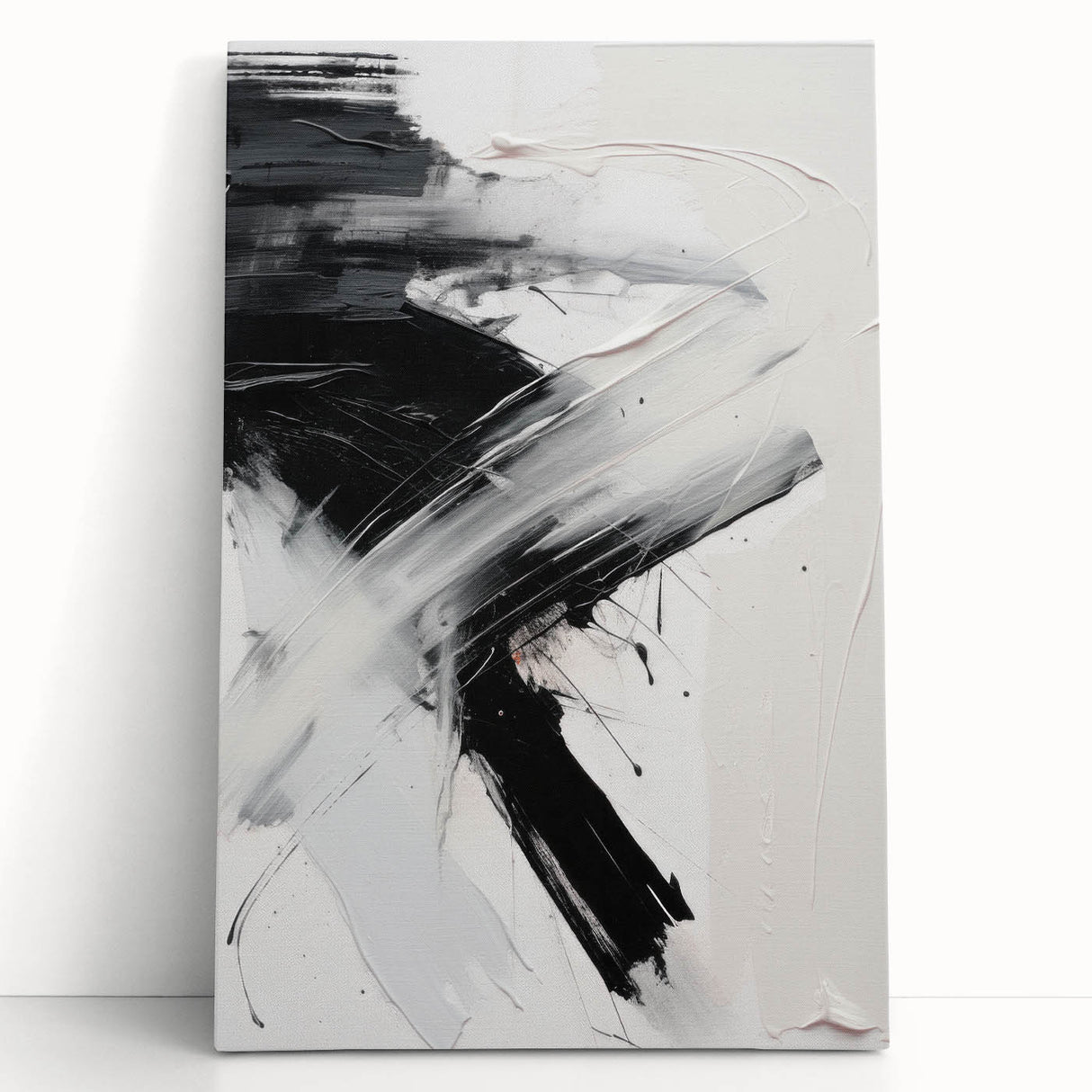 Abstract modern wall art featuring a vibrant color palette of blues and oranges, displayed on a stretched canvas, leaning against a neutral wall, adding contemporary flair to any space.