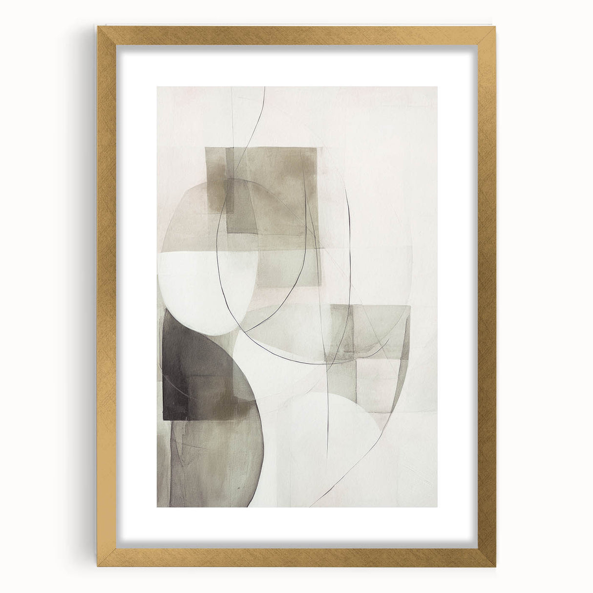 Abstract modern wall art collection featuring a gold-framed piece with a mat, showcasing vibrant colors and geometric shapes, ideal for contemporary decor.