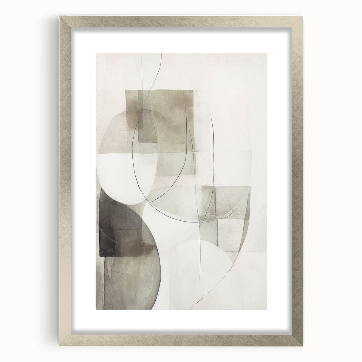 Abstract modern wall art collection featuring a silver-framed piece with a mat, showcasing geometric shapes in soft tones, ideal for contemporary home decor.