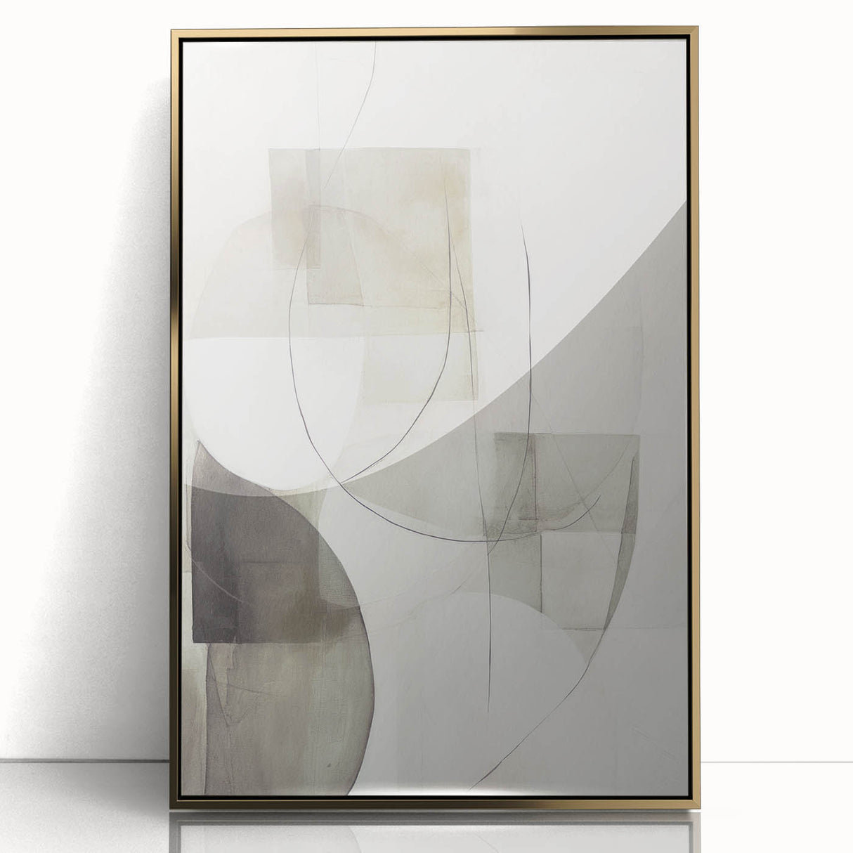 Framed acrylic wall art displaying an abstract modern design with gold accents, perfect for enhancing contemporary decor in living spaces or offices.