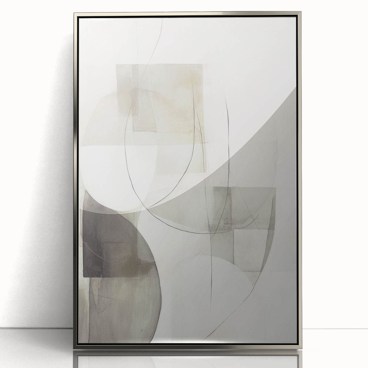 Framed abstract modern wall art design showcasing intricate geometric patterns in shades of silver and white, perfect for contemporary home décor.