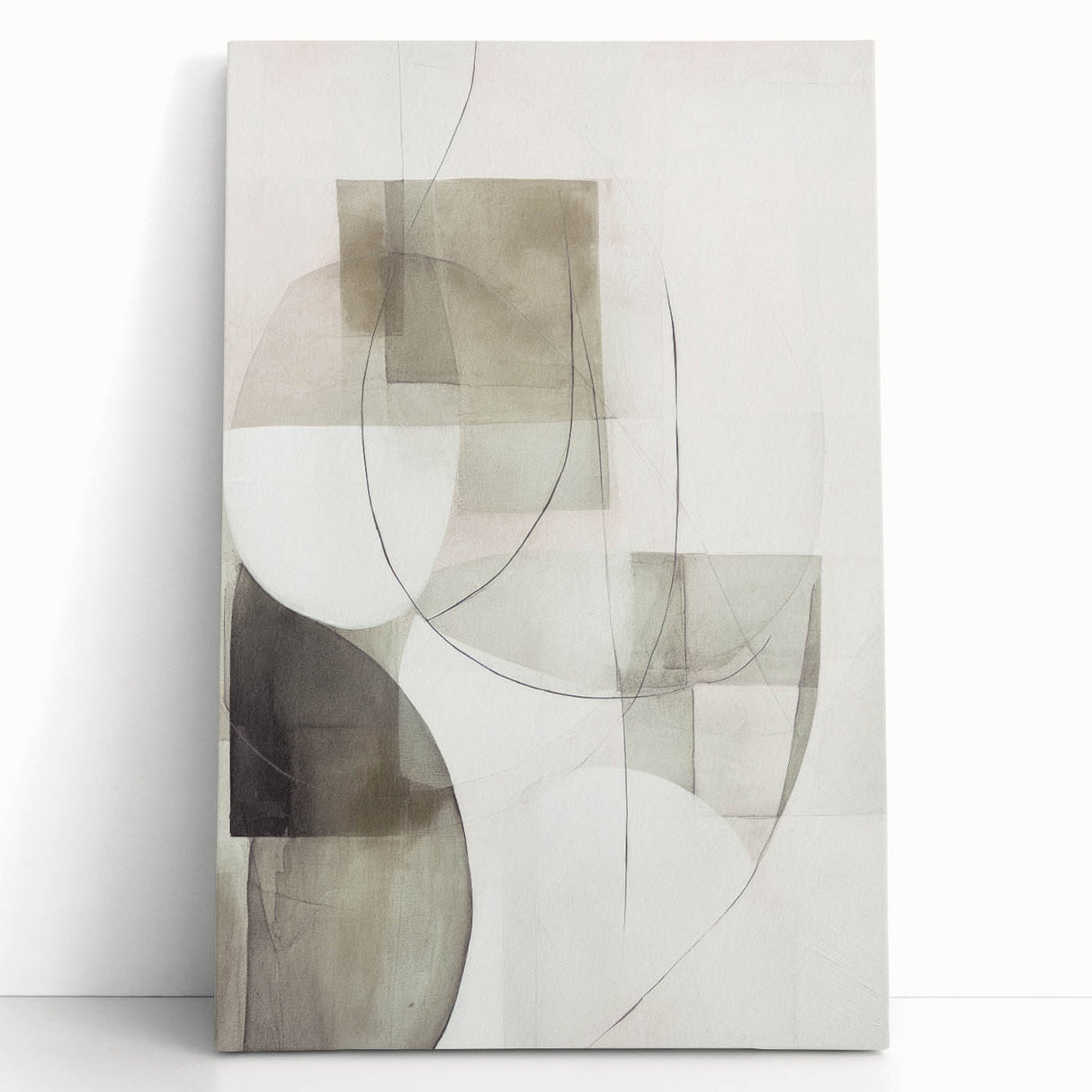 Abstract modern wall art collection featuring vibrant geometric patterns in bold colors, displayed on stretched canvas, leaning against a wall for an artistic touch.