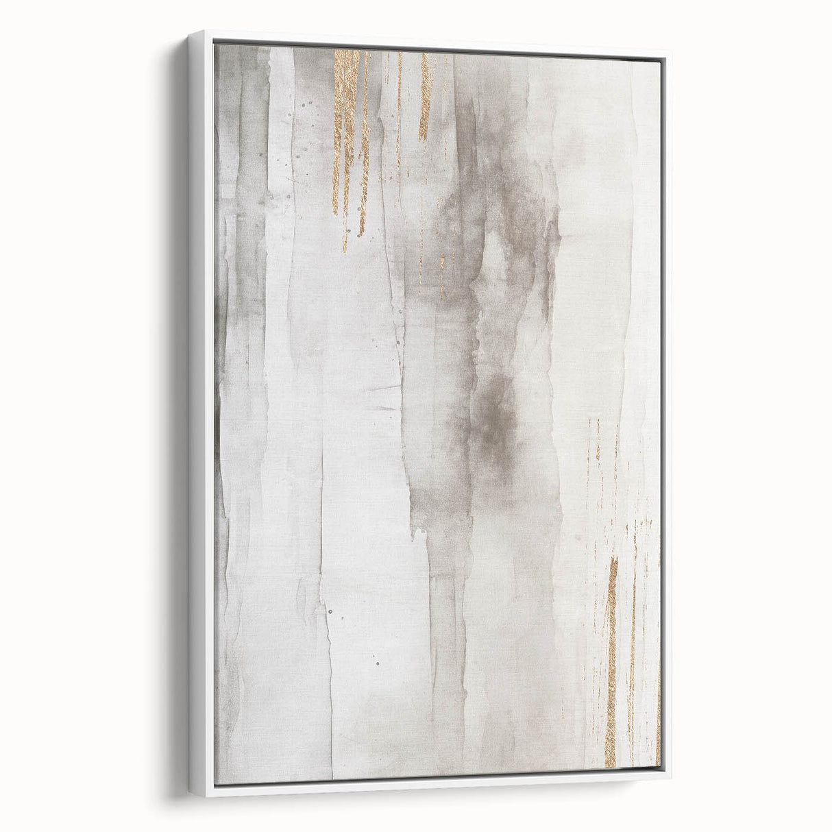 Framed abstract modern wall art collection featuring vibrant colors and geometric patterns, displayed in a sleek white frame, side view.