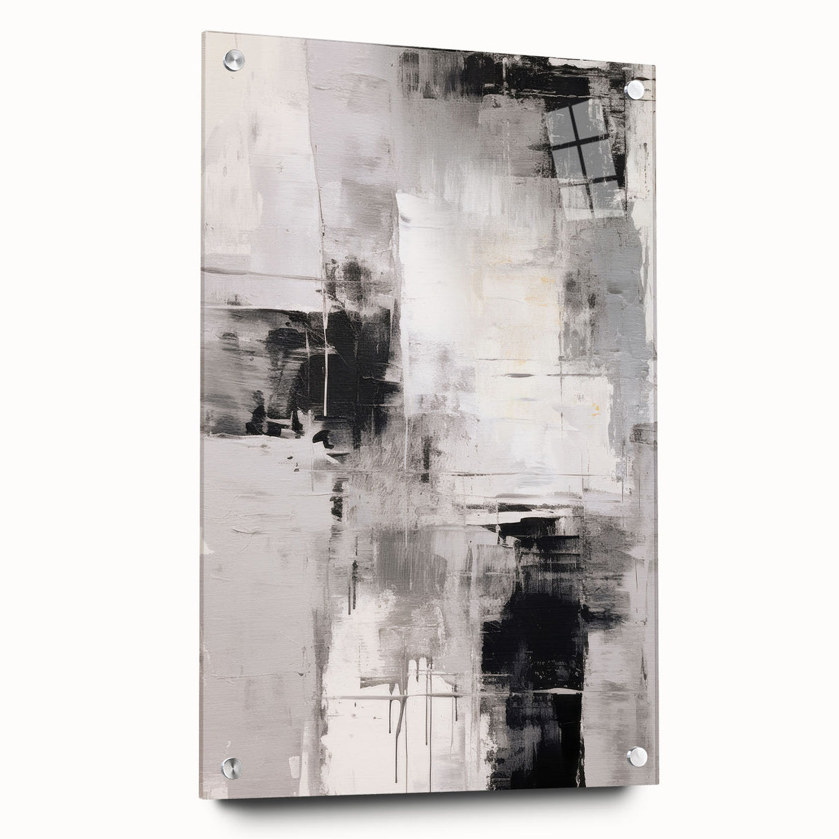 Abstract modern wall art collection displayed in acrylic glass, showcasing vibrant colors and geometric patterns, secured with pins for a sleek presentation.