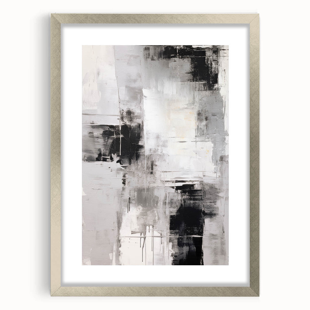 Abstract modern design wall art collection showcasing a sleek silver frame with a mat, perfect for contemporary home décor. Ideal for enhancing living spaces with artistic flair.