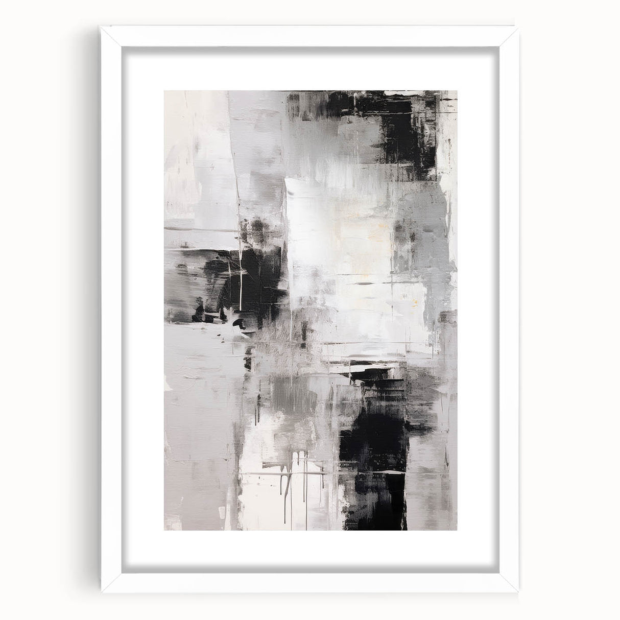 Abstract modern wall art design featuring a framed piece with a white mat, showcasing geometric shapes and vibrant colors, perfect for contemporary home decor.