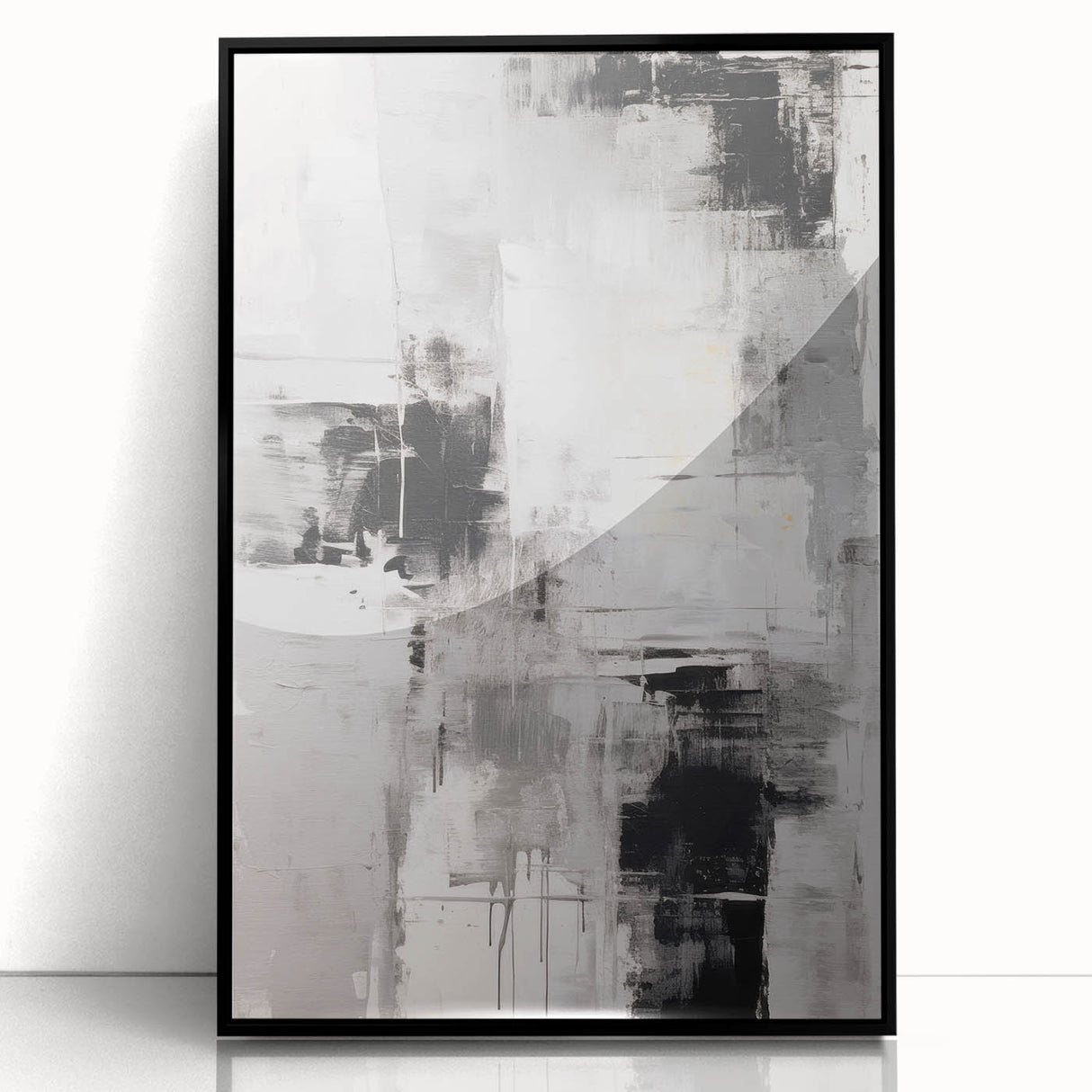 Framed abstract modern wall art design showcasing bold colors and geometric shapes, featuring a sleek black frame, perfect for contemporary home decor.