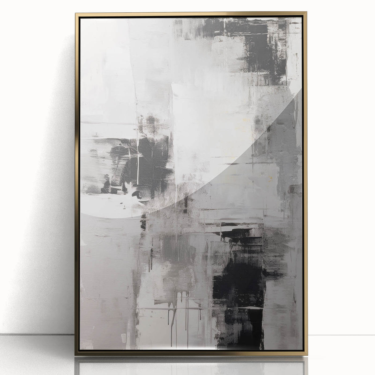 Framed abstract modern wall art collection featuring a gold-accented design with acrylic front, ideal for contemporary home decor.