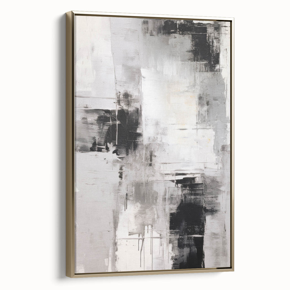 Framed abstract modern wall art featuring a gold and black design, displayed from a side view to highlight its sleek profile and elegant finish. Perfect for contemporary interiors.