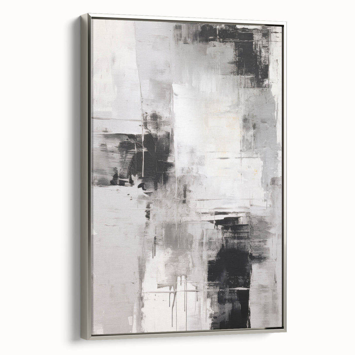 Framed abstract modern wall art collection in silver, showcasing vibrant colors and geometric patterns, ideal for contemporary home decor. Side view highlights the canvas's texture and stylish frame, perfect for enhancing any living space.