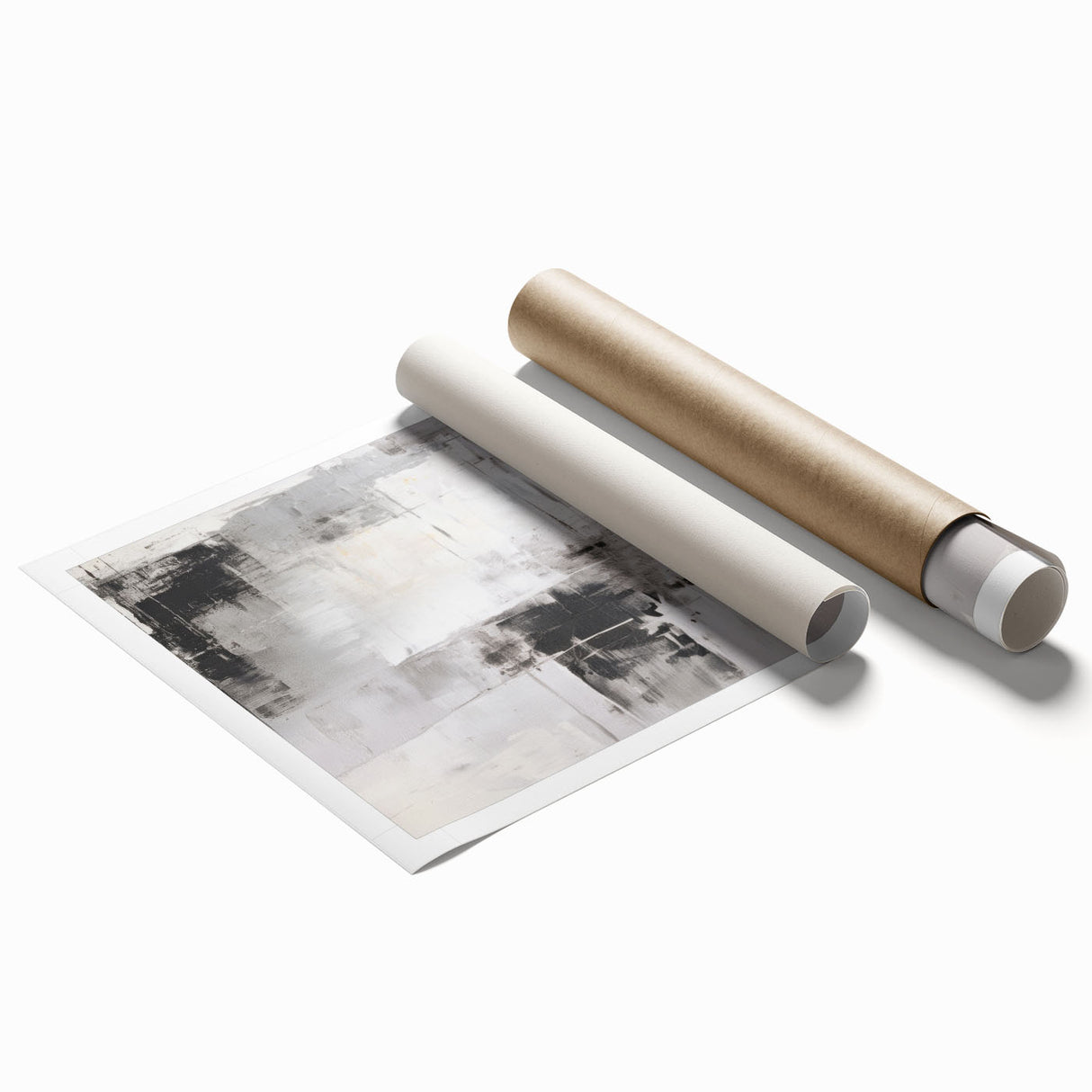 Abstract modern design wall art collection featuring vibrant colors and geometric patterns, rolled and packaged in a protective tube for easy display.