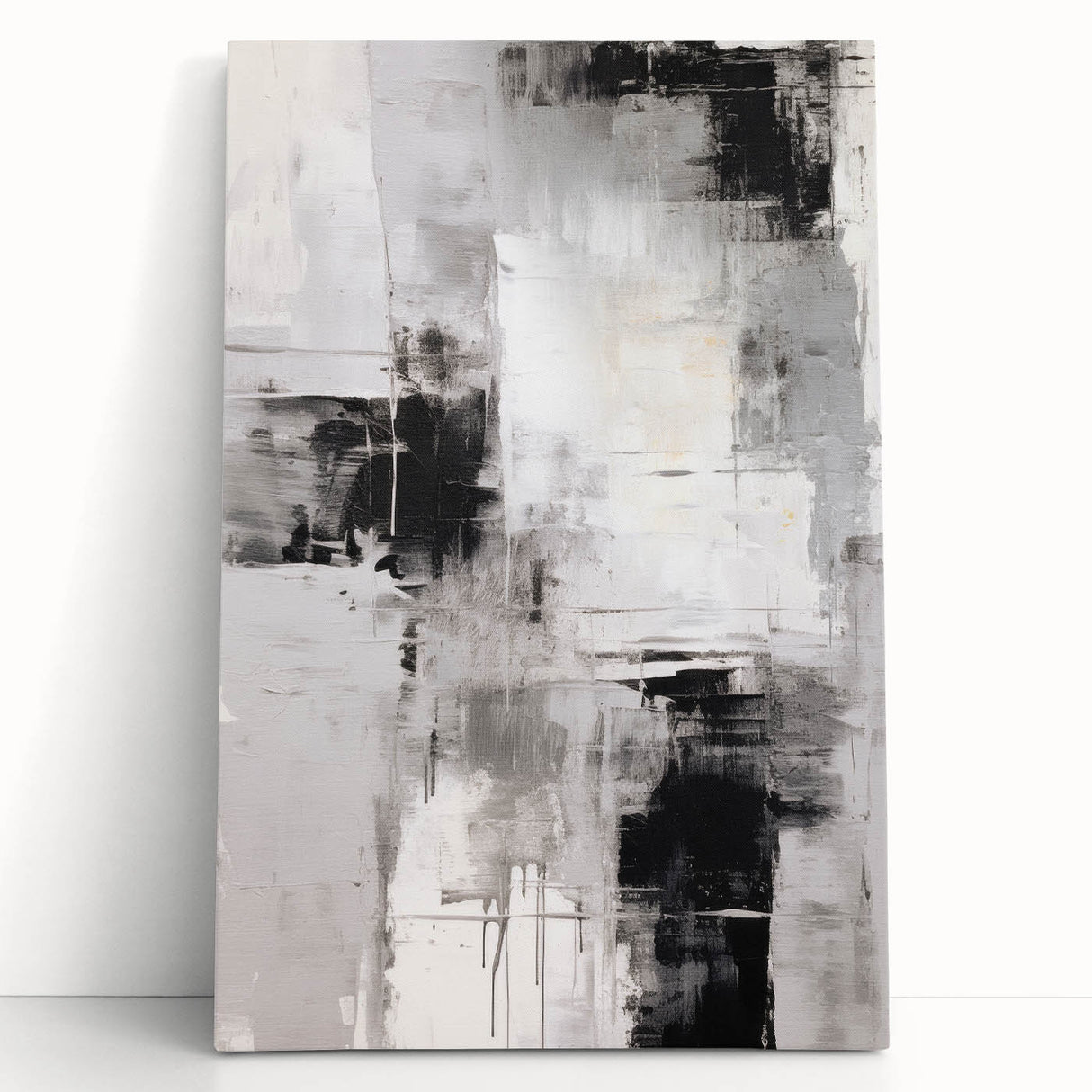 Abstract modern wall art collection featuring vibrant, colorful geometric patterns on stretched canvas, elegantly leaning against a wall, perfect for contemporary decor.