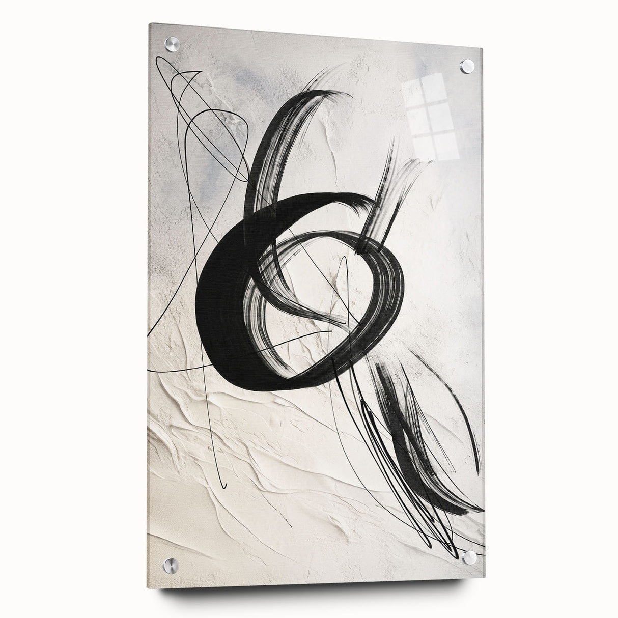 Abstract modern wall art collection displayed in a side view, showcasing vibrant colors and geometric patterns under sleek acrylic glass, secured with pins for stability.