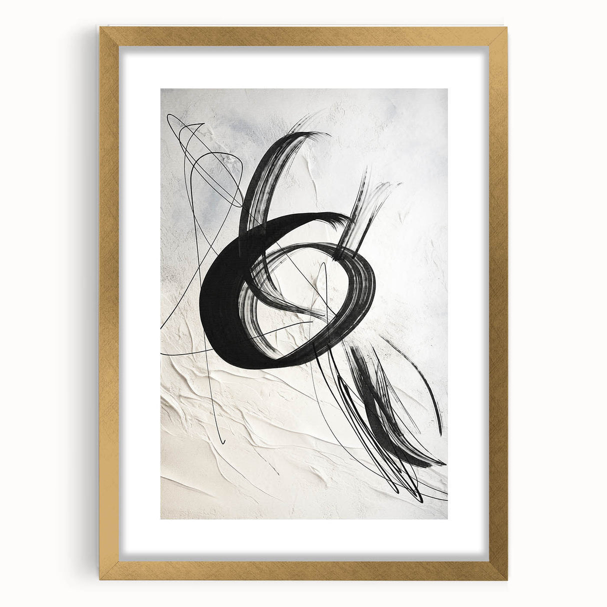 Abstract modern wall art collection featuring a framed piece with a gold mat, showcasing vibrant colors and geometric patterns, ideal for contemporary decor.