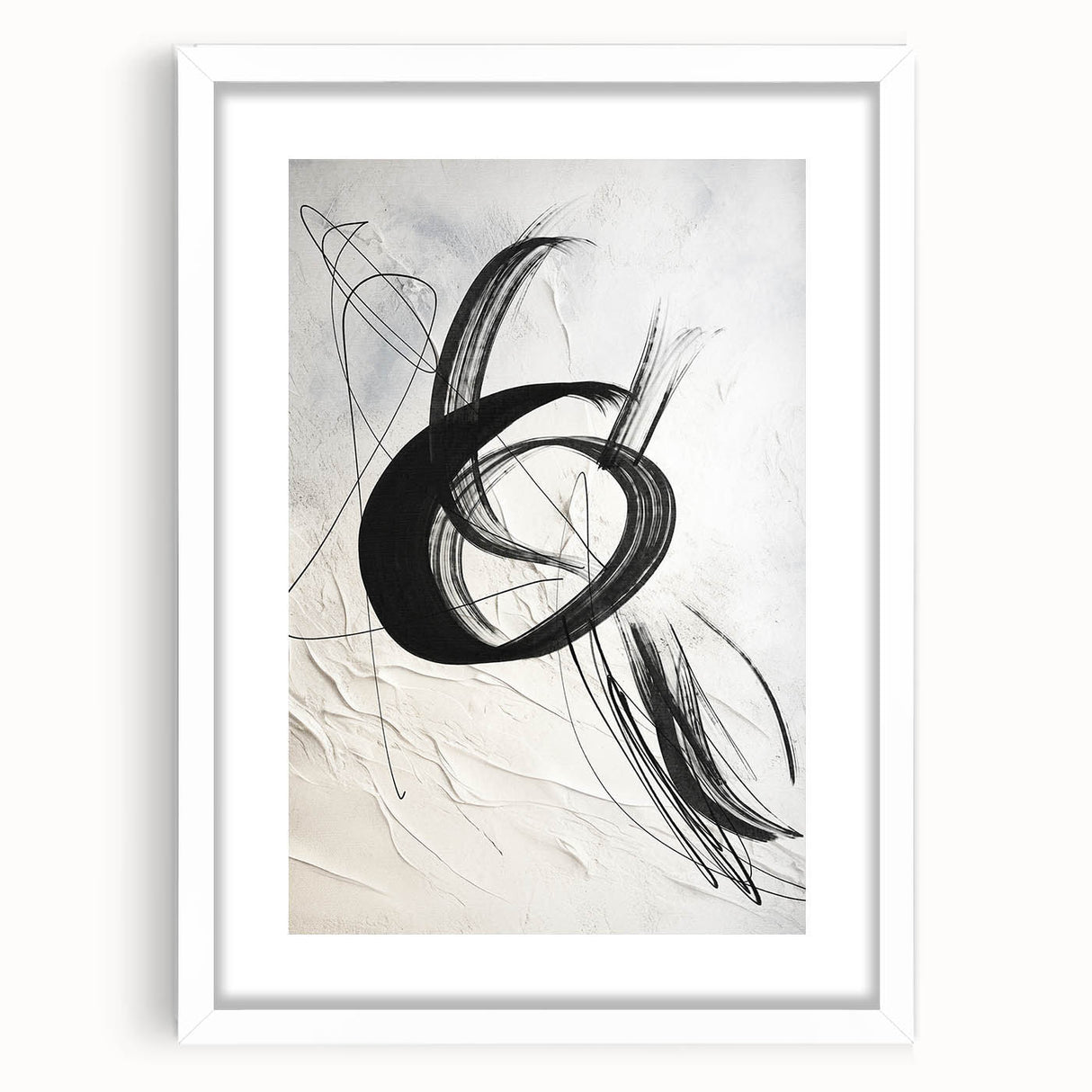 Abstract modern wall art collection in a white frame with a mat, showcasing vibrant geometric patterns and colors. Ideal for contemporary interiors, adding a stylish focal point to any room.