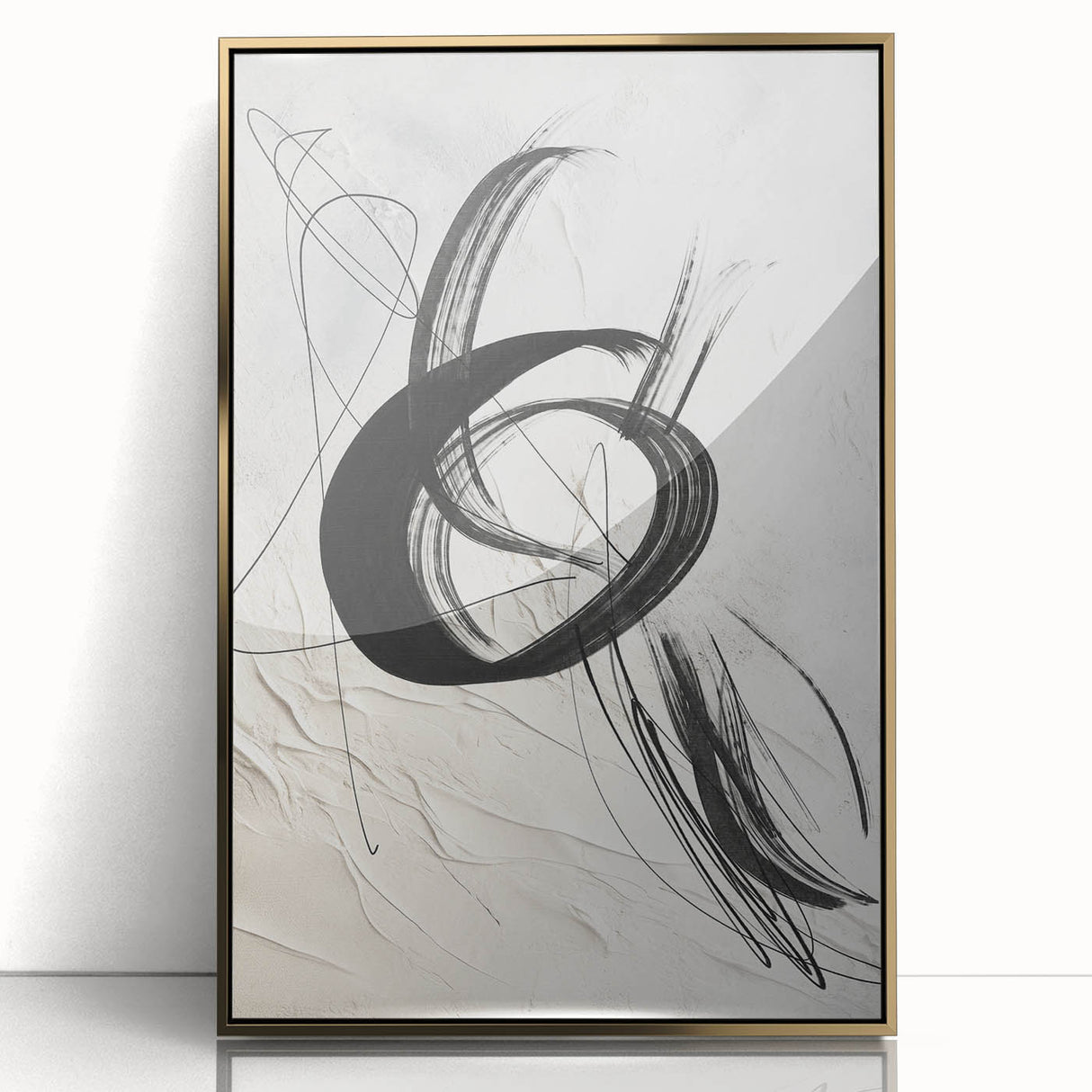 Framed modern abstract wall art in gold acrylic, showcasing intricate geometric patterns against a minimalist background, perfect for contemporary home décor.