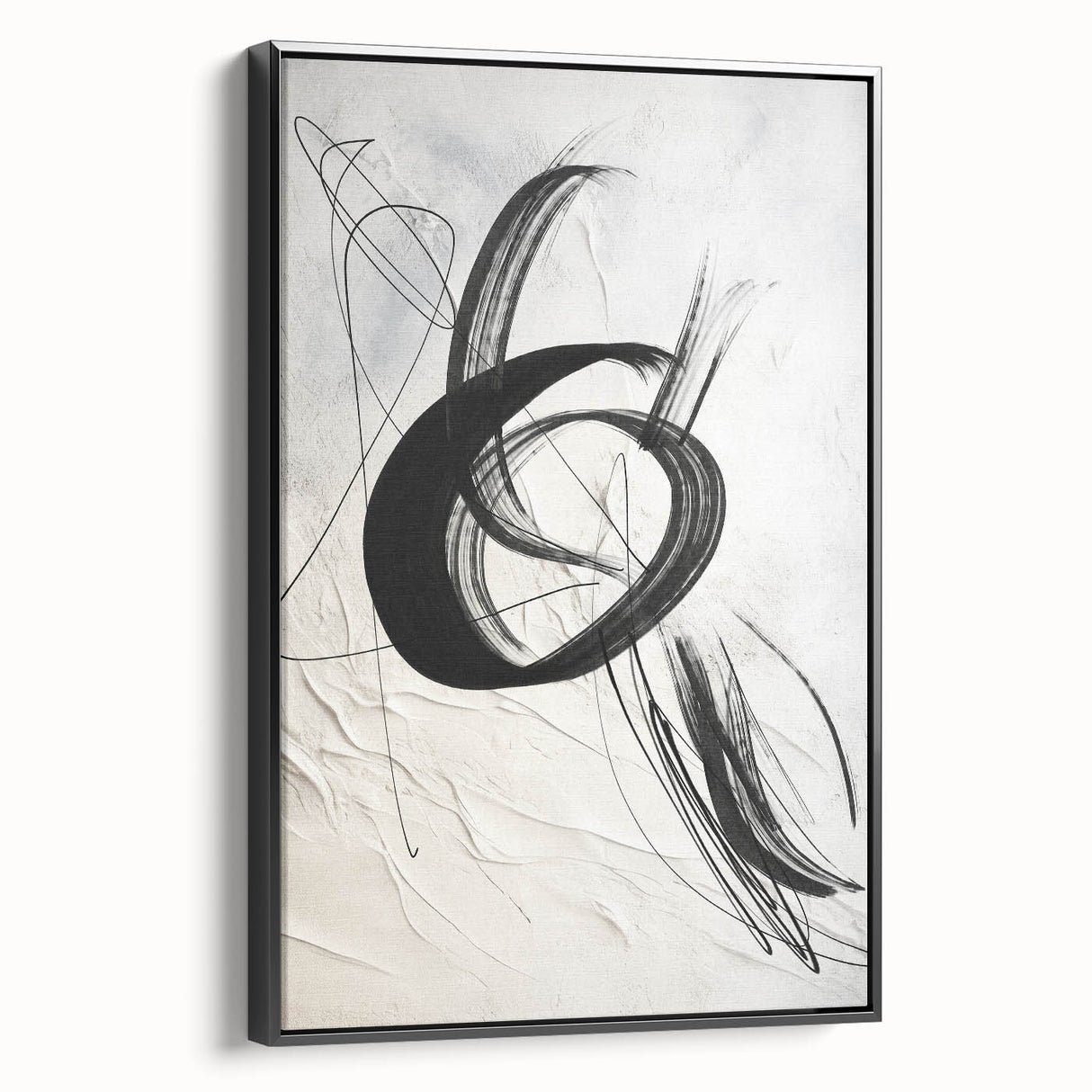 Framed canvas wall art showcasing an abstract modern design with bold colors and unique shapes, displayed from a black side view, perfect for contemporary decor.