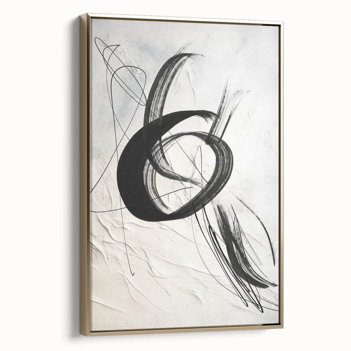 Framed canvas wall art featuring a modern abstract design with gold accents, showcasing a side view that highlights its sleek lines and contemporary aesthetic. Perfect for adding elegance to any room decor.