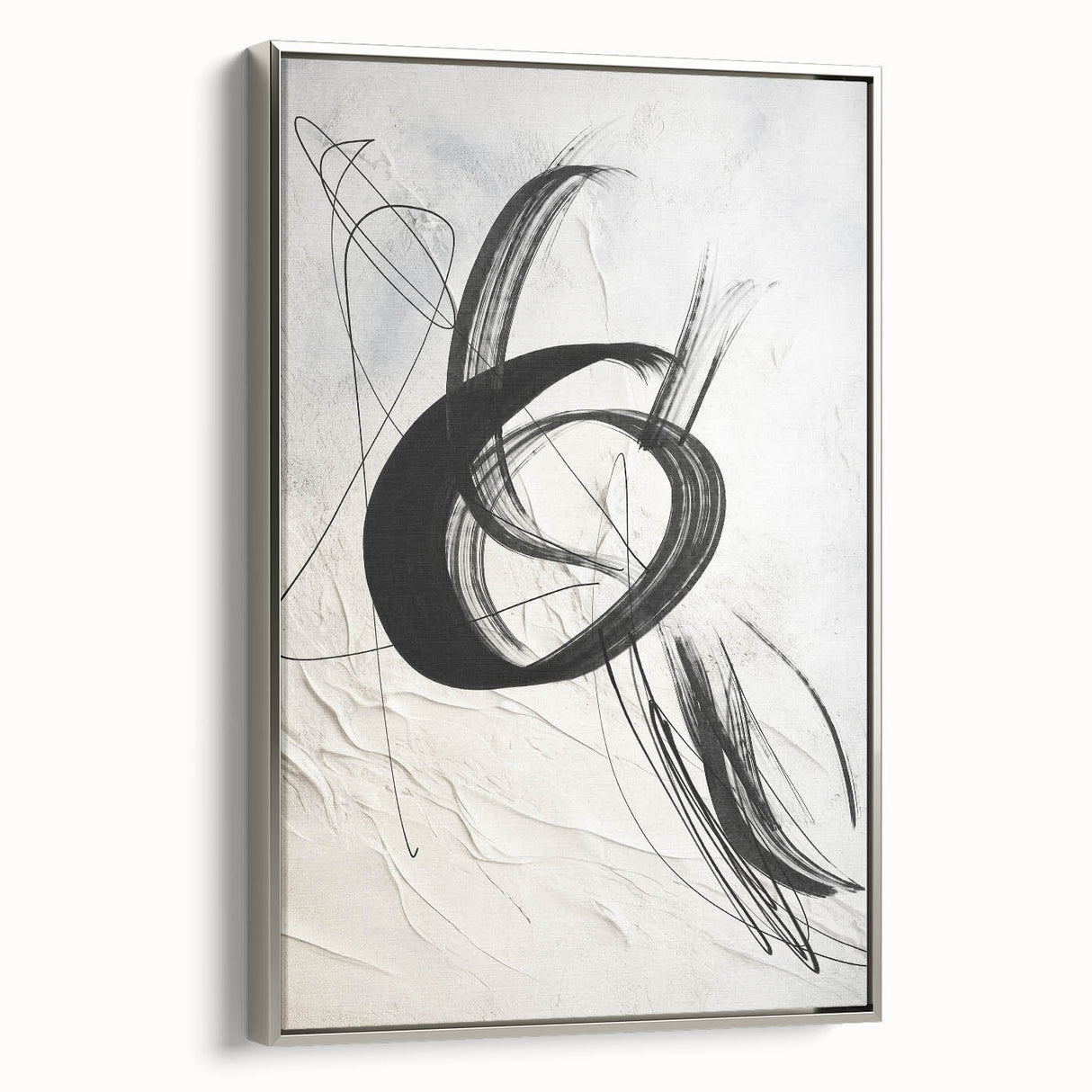 Abstract modern wall art collection featuring a framed canvas with a silver side profile, showcasing vibrant colors and geometric patterns. Perfect for contemporary home decor.