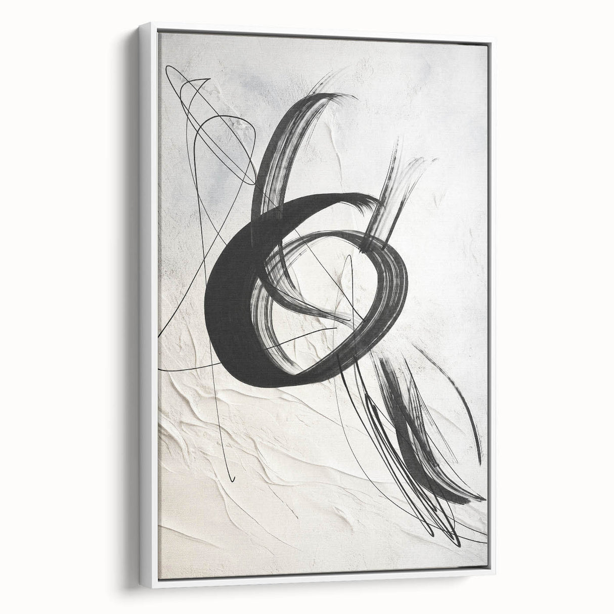 Framed canvas wall art showcasing an abstract modern design with vibrant colors and geometric shapes, displayed at a slight angle against a white background. Ideal for contemporary home décor.